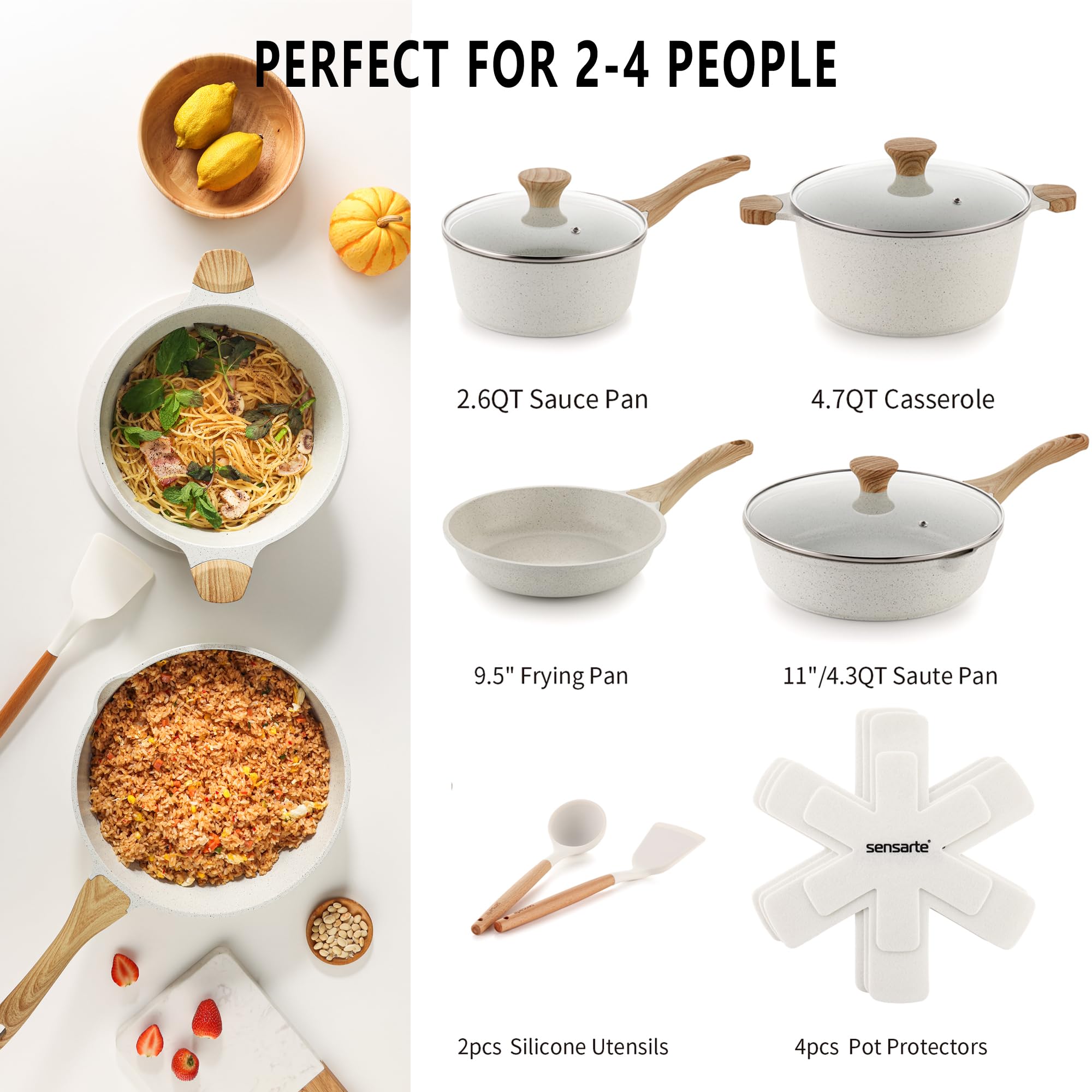 SENSARTE Nonstick Cookware Set 13-Piece, Non Stick Pots and Pans Set with Swiss Granite Coating, Healthy Kitchen Cooking Set, Stay-Cool Handles, PFOA Free: White