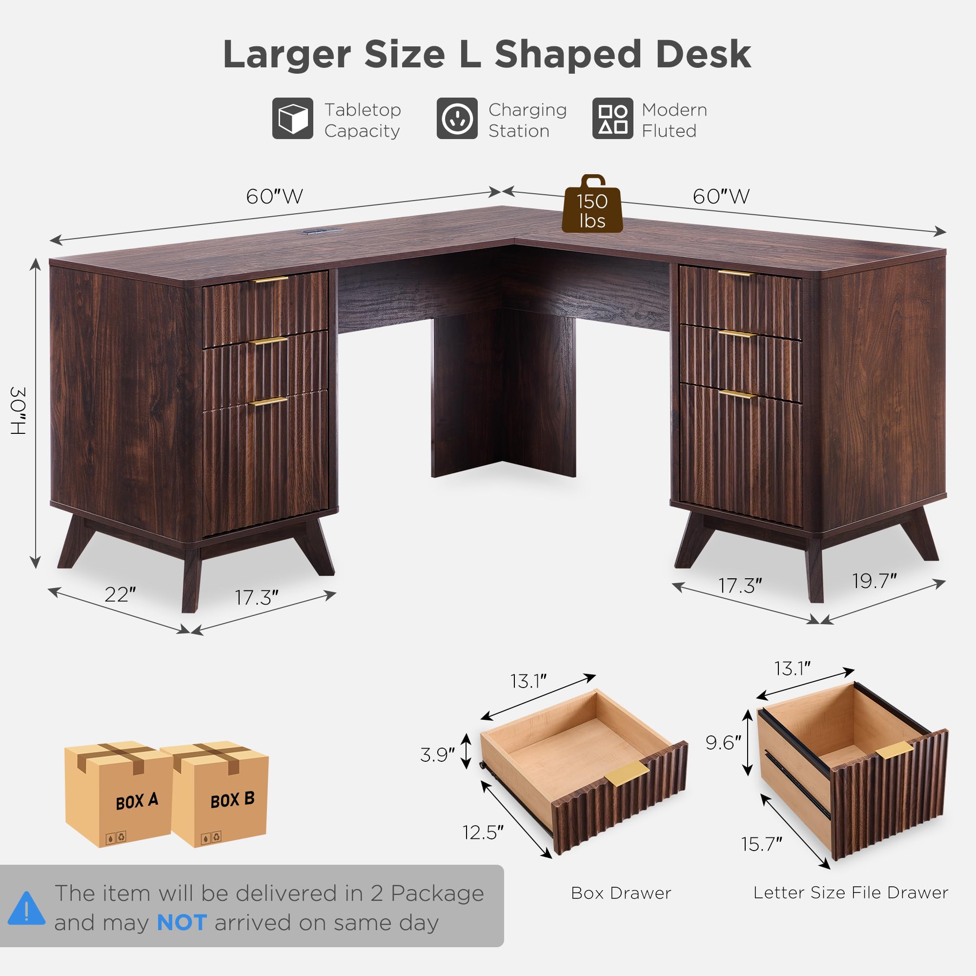 T4TREAM 60'' Fluted Executive L Shaped Desk, Modern Home Office Desk with Charging Station and File Drawer, Computer Corner Desks with Drawers & Storage Cabinet for Office Home, Bedroom, Natural Oak