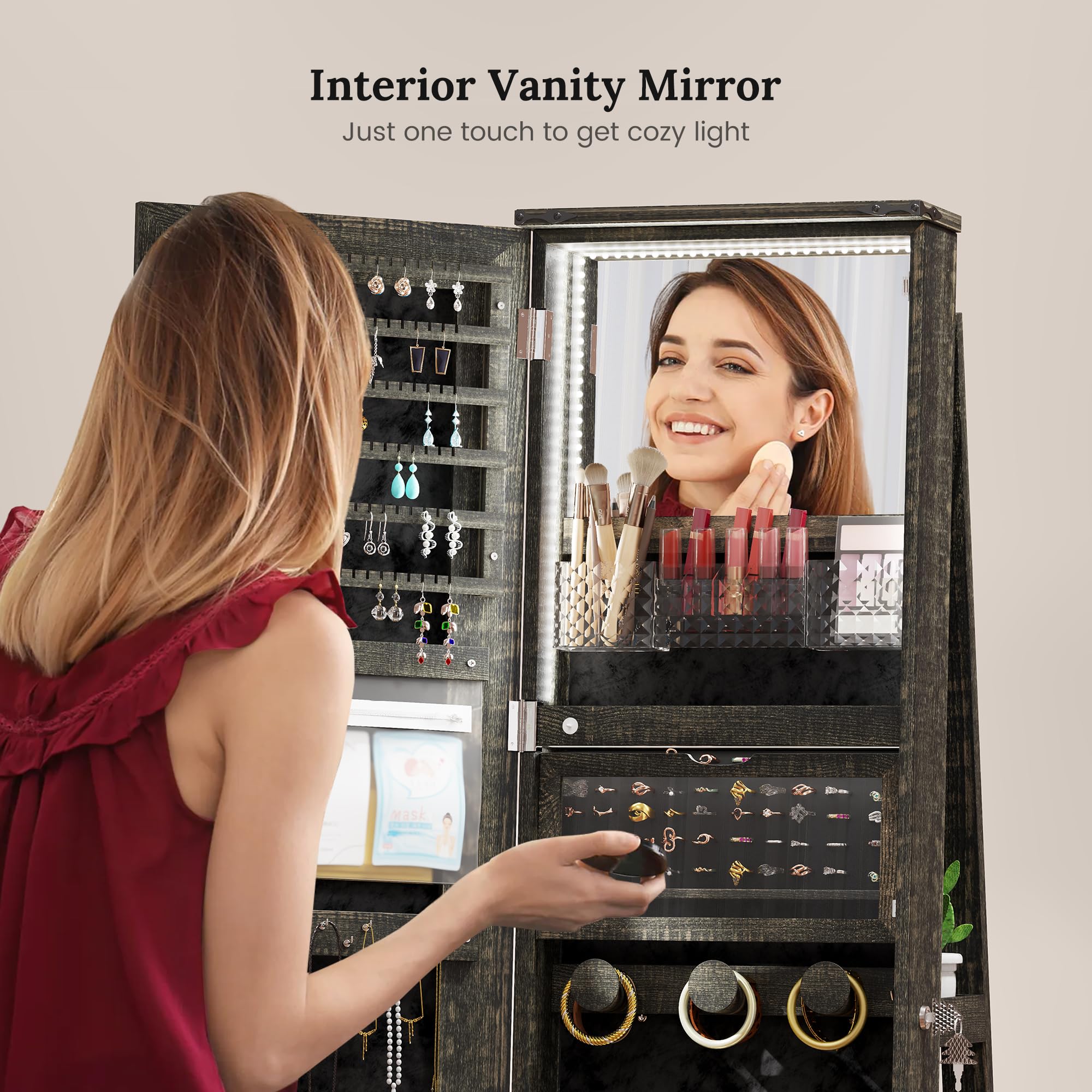 LVSOMT LED Mirror Jewelry Cabinet Standing, 360°Swivel Jewelry Armoire with Full Length Mirror, Mirror with Jewelry Storage and Large Wooden Drawer for Christmas Gifts (): Rustic Grey