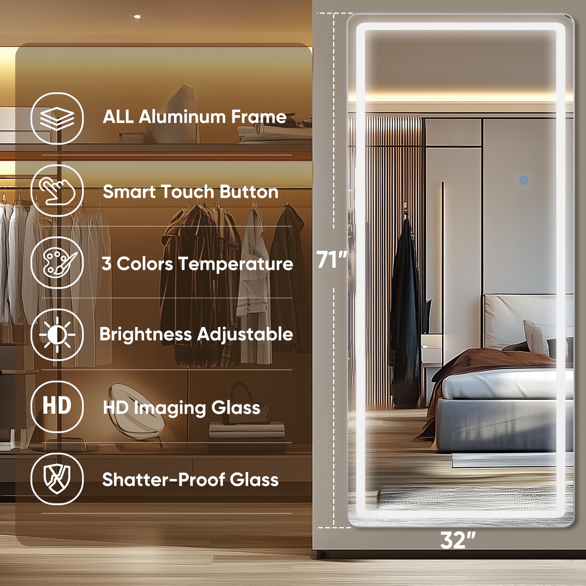 Antok LED Full Length Mirror, 71" x 28" Lighted Floor Standing LED Mirror Full Length,Hanging Mirrors with Stand Free Standing Floor Mirrors for Bedroom (Rect): 71"L x 32"W Rect Style White