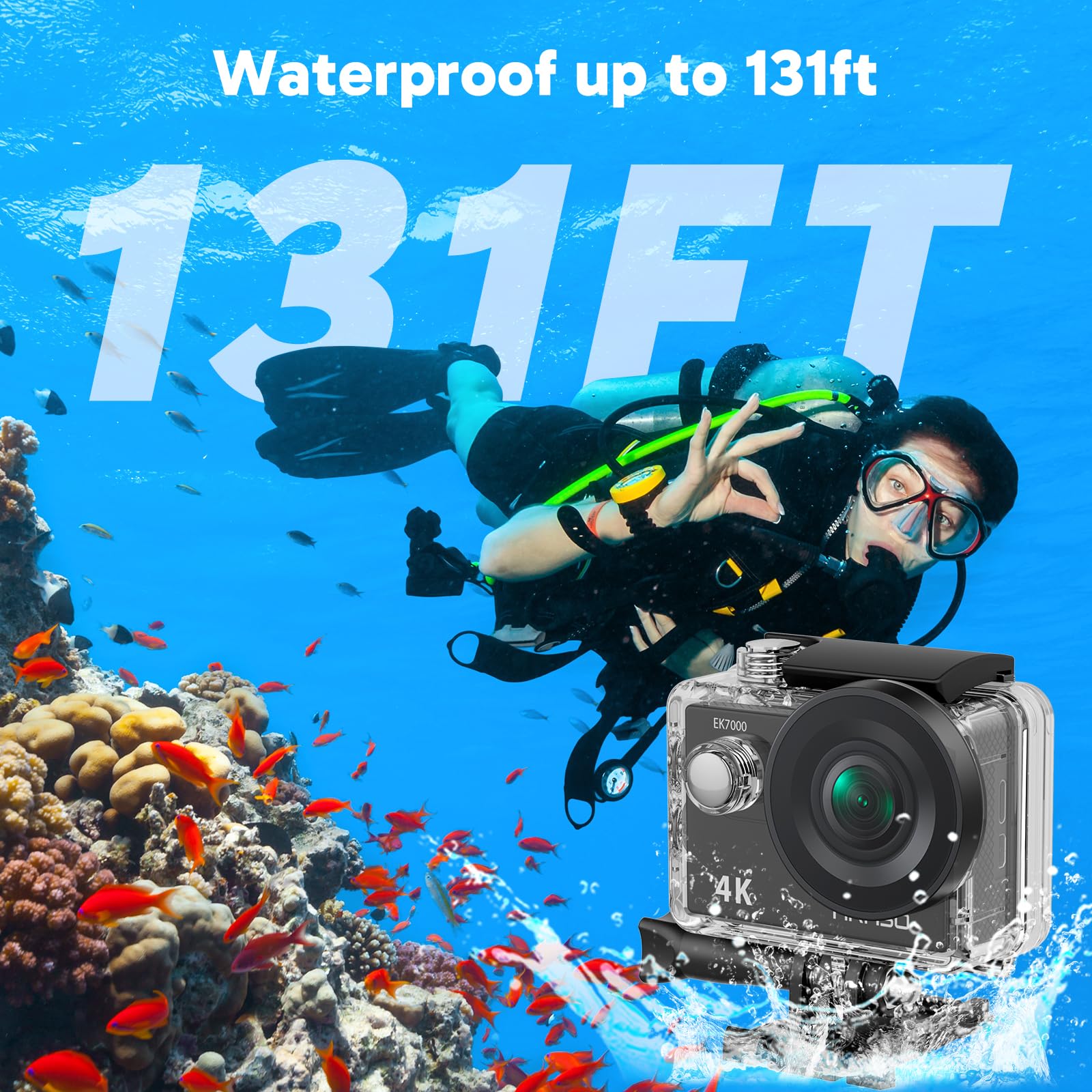 AKASO EK7000 4K30FPS 20MP WiFi Action Camera with EIS Ultra HD 131FT Waterproof Underwater Camera Remote Control 4X Zoom Support External Microphone: Black