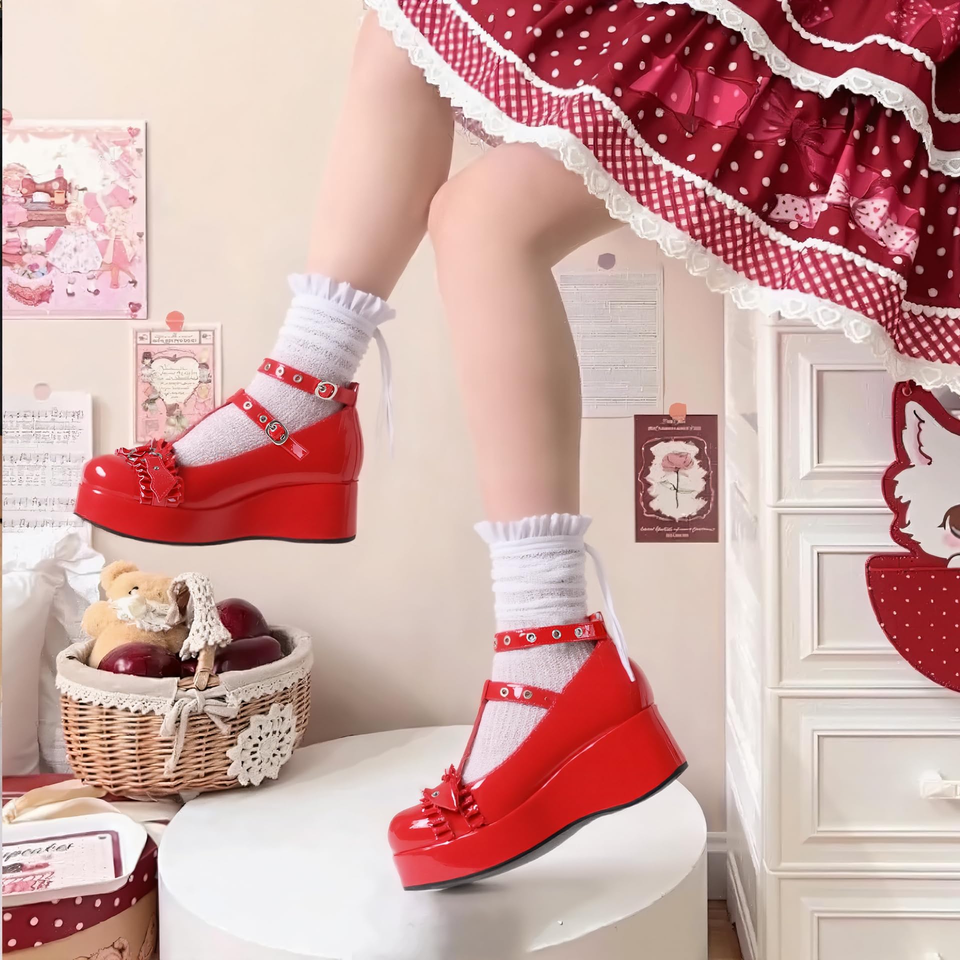 CELNEPHO Mary Jane Shoes Women Cute Ankle Strap Platform Wedge High Heel Pumps Gothic Party Dress Shoes for Women: 9.5 Red Patent