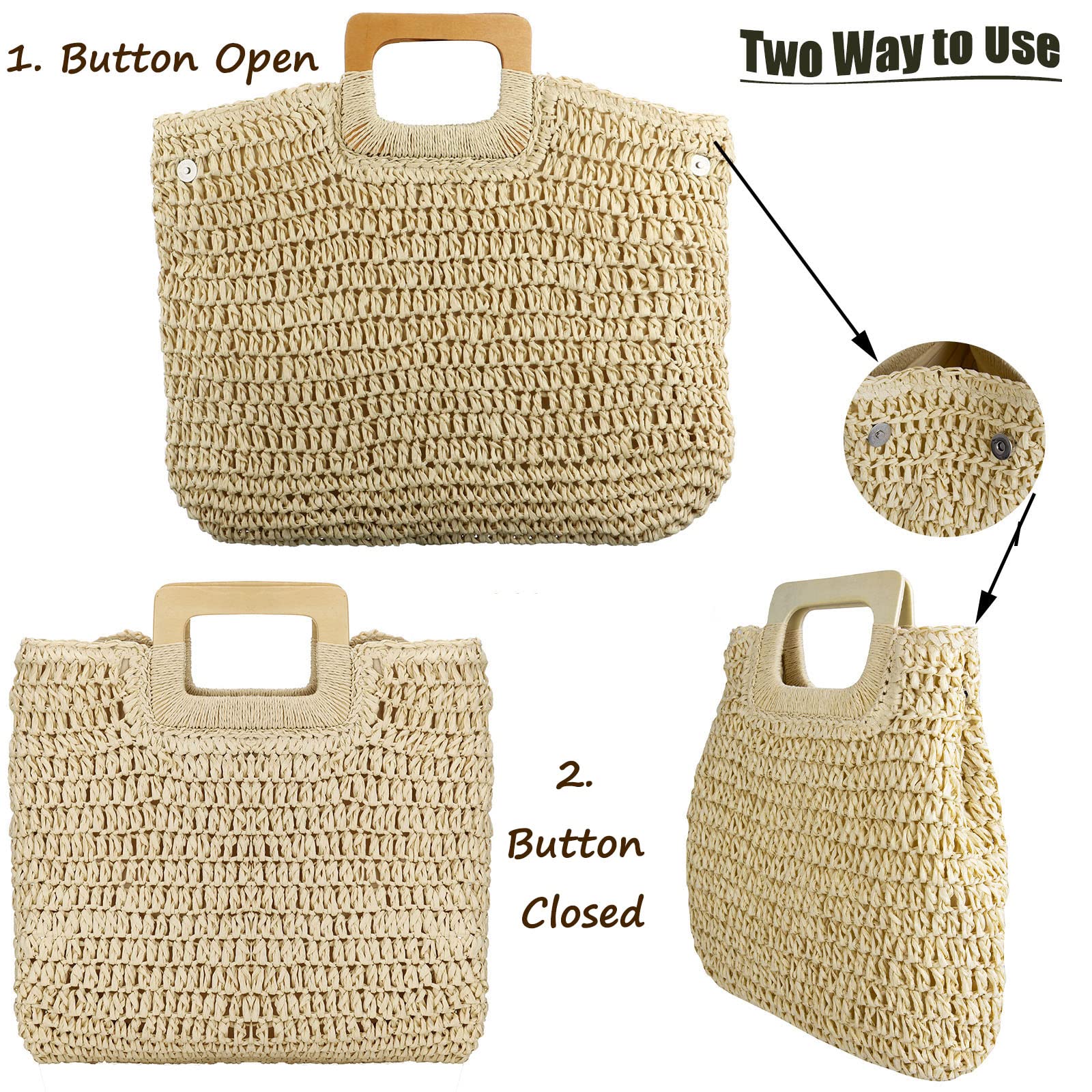 YYW Straw Tote Bag Women Hand Woven Large Casual Handbags Hobo Straw Beach Bag with Lining Pockets for Daily Use Beach Travel thumbnail 4