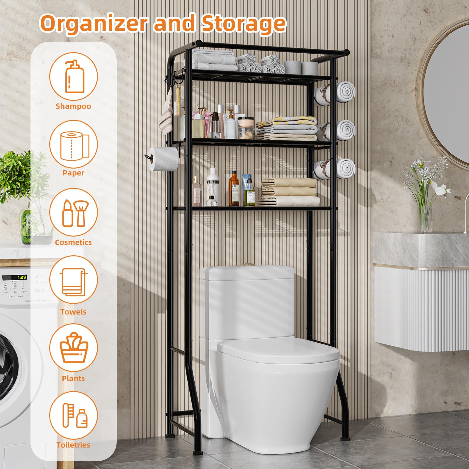 Simple Trending 3 Tier Over The Toilet Rack, Shelf Bathroom, Bathroom Stand Organizer Space Saver,: Black