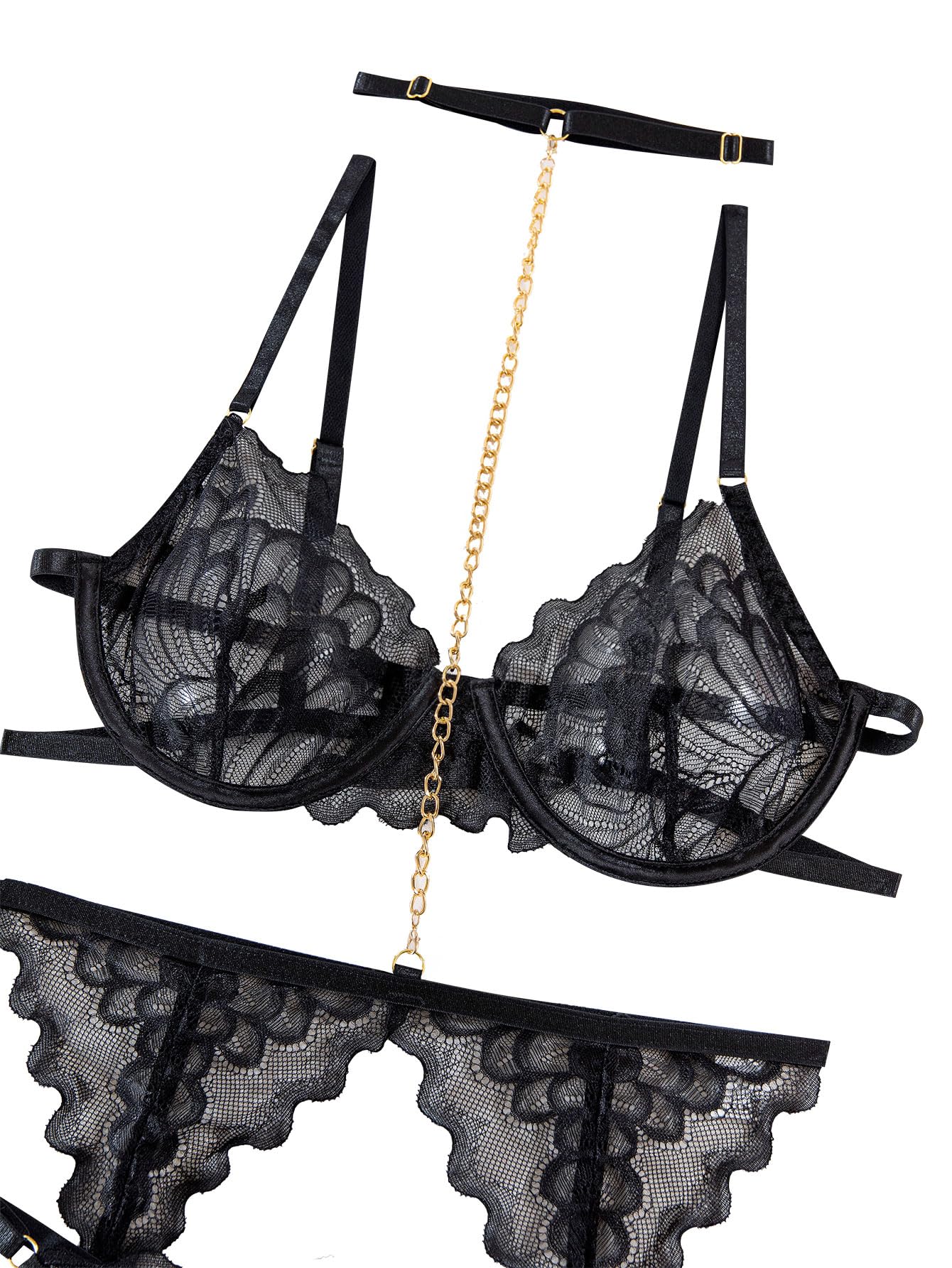 Lilosy Sexy Choker Floral Lace Underwire Push Up Garter Belt Lingerie Set for Women Sheer Bra and Panty 3 Piece: Medium Chain Black
