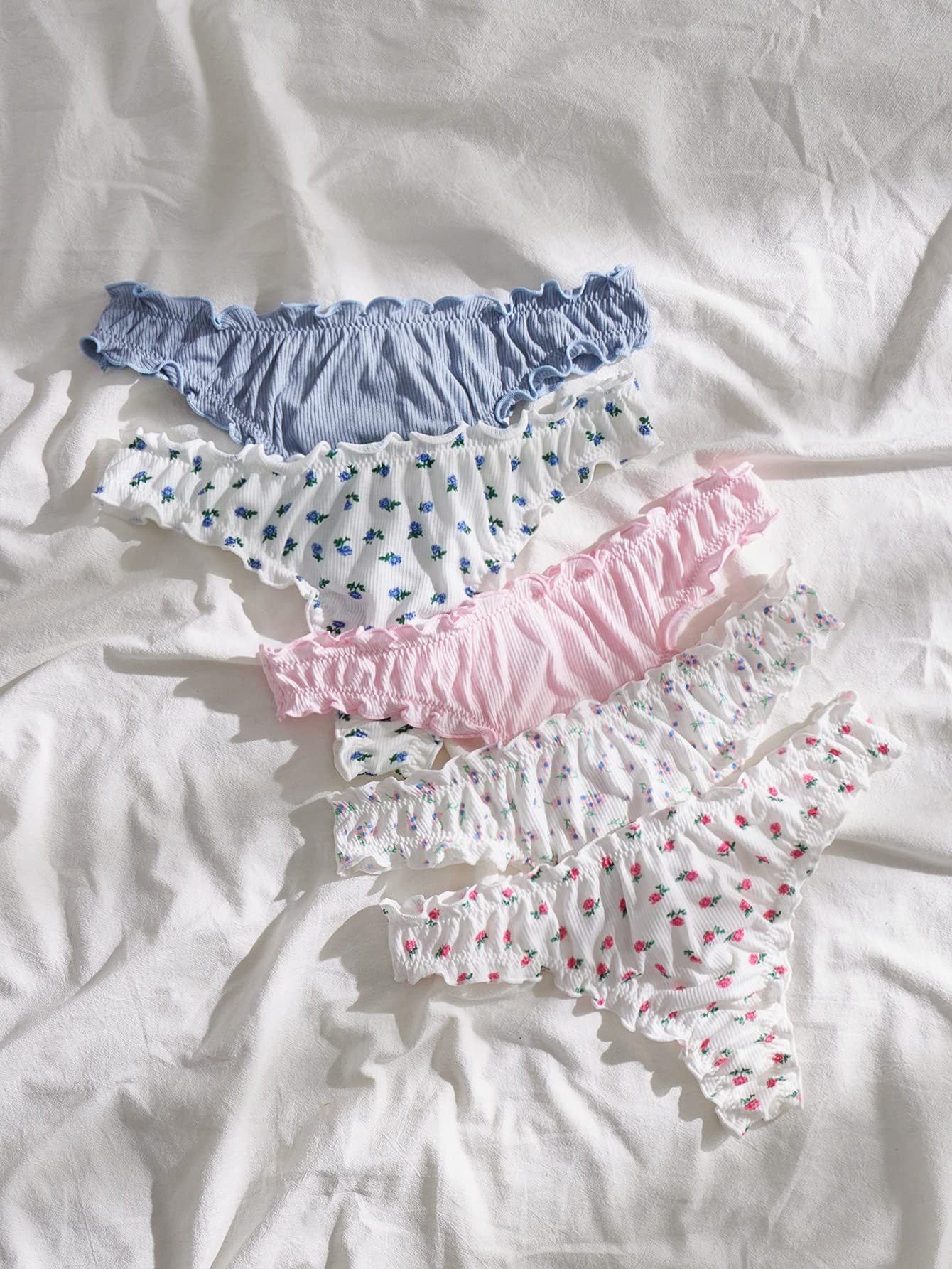 COZYEASE Women's 5 Piece Sets Floral Print Lettuce Trim Low Rise Panty Cute Underwear: Small Multicolor