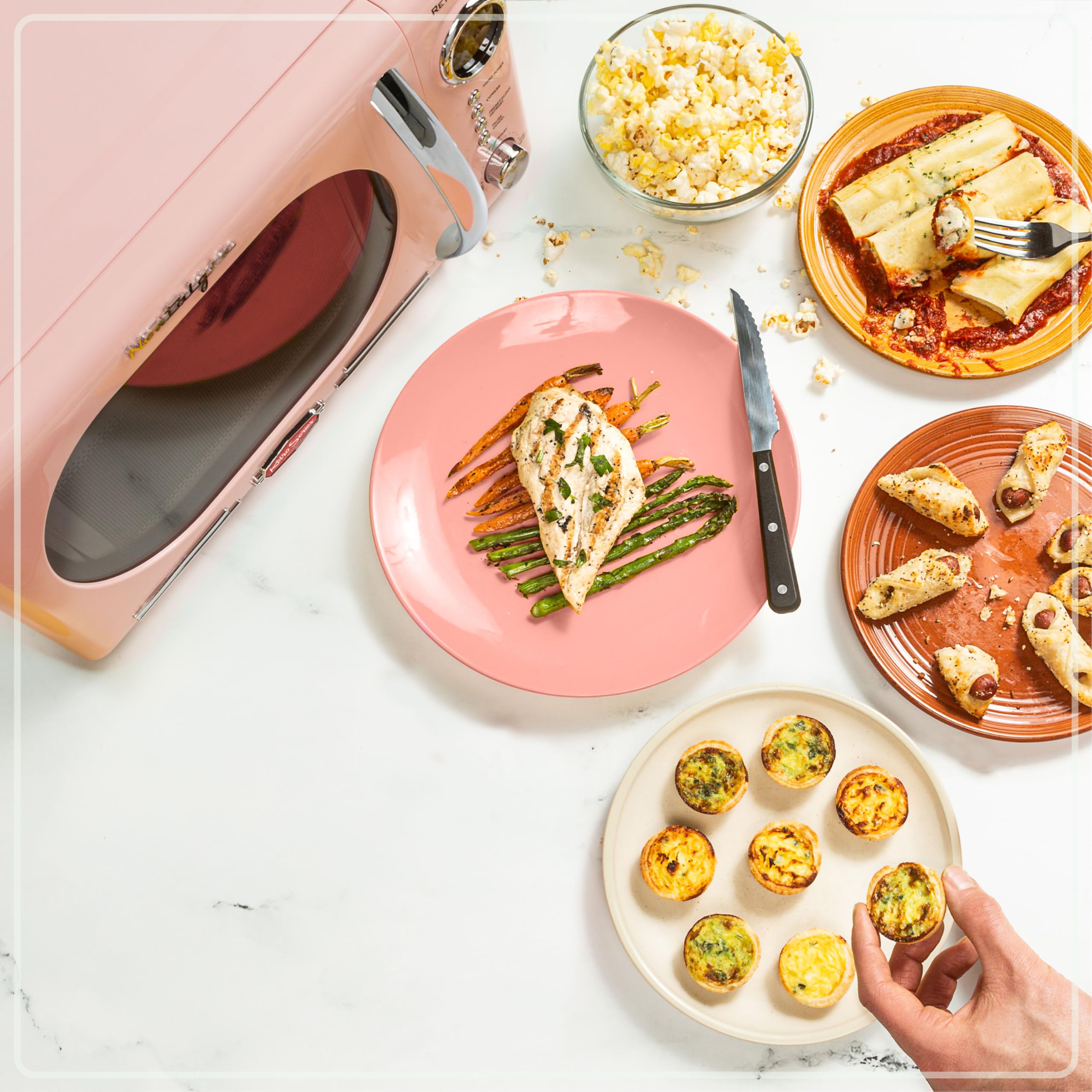 Nostalgia NRMO11PK6A 1000 Watt Power Retro Countertop Microwave Oven Easy to Clean with Removable Glass Turntable-Child Safety Lock-12 Programs-Digital Clock, 1.1 Cu Ft, Pink