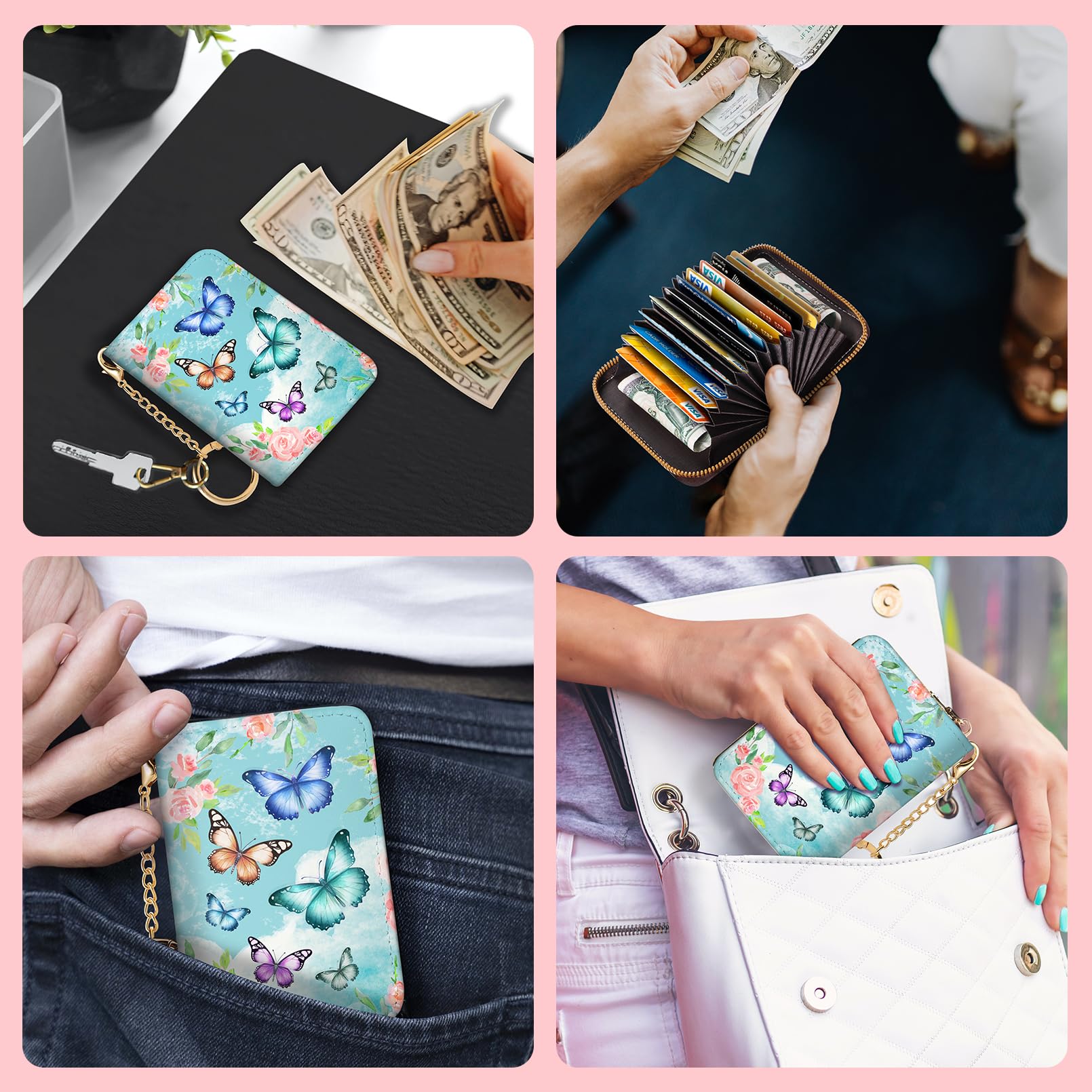 Credit Card Holder for Women, Gothic Floral Small RFID Wallet with Zipper, Card Keychain Wallet, Leather Wallet Card Case, Business Accordion Wallet Gift: Butterfly