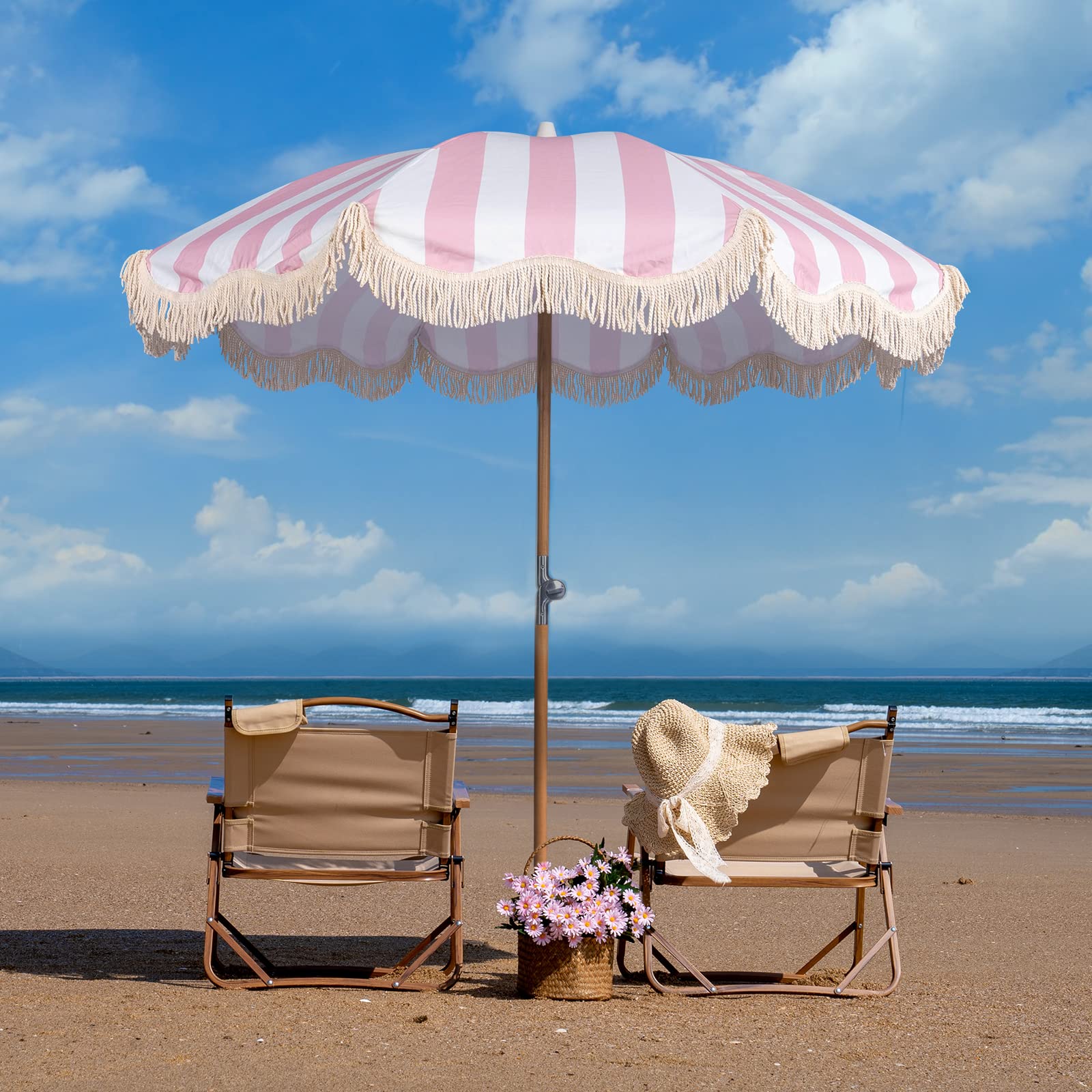 Funsite 6.5ft Boho Beach Umbrella with Fringe, UPF 50+ Tassel Umbrellas with Carry Bag, Premium Wood Pole Foldable Patio Umbrella for Outdoor Holiday Garden Lawn Pool Yard Table