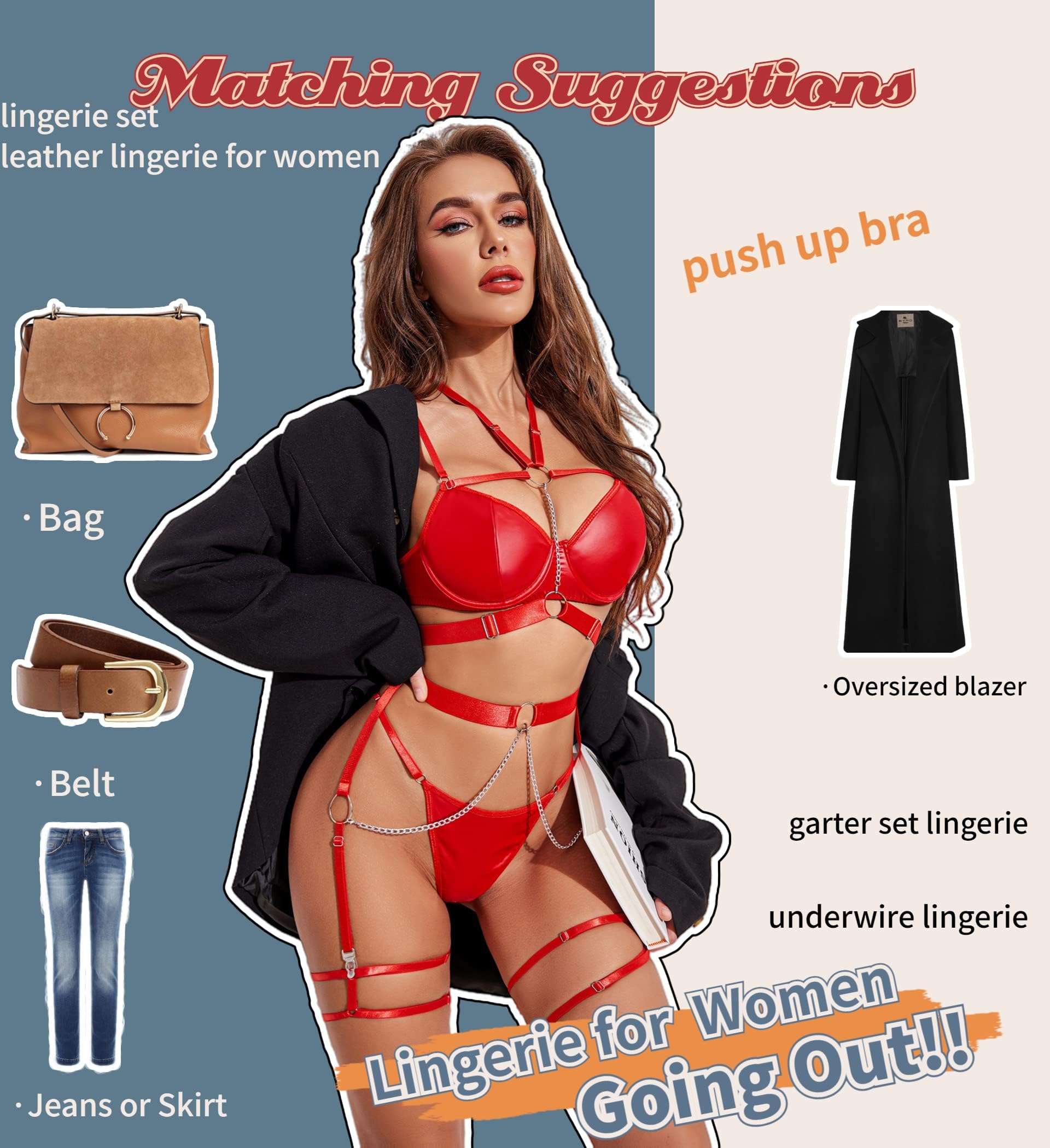 Avidlove Lingerie Set for Women Sexy Strappy 5 Piece Lingerie Garter with Underwire Push Up Bra and Chain: Small Red