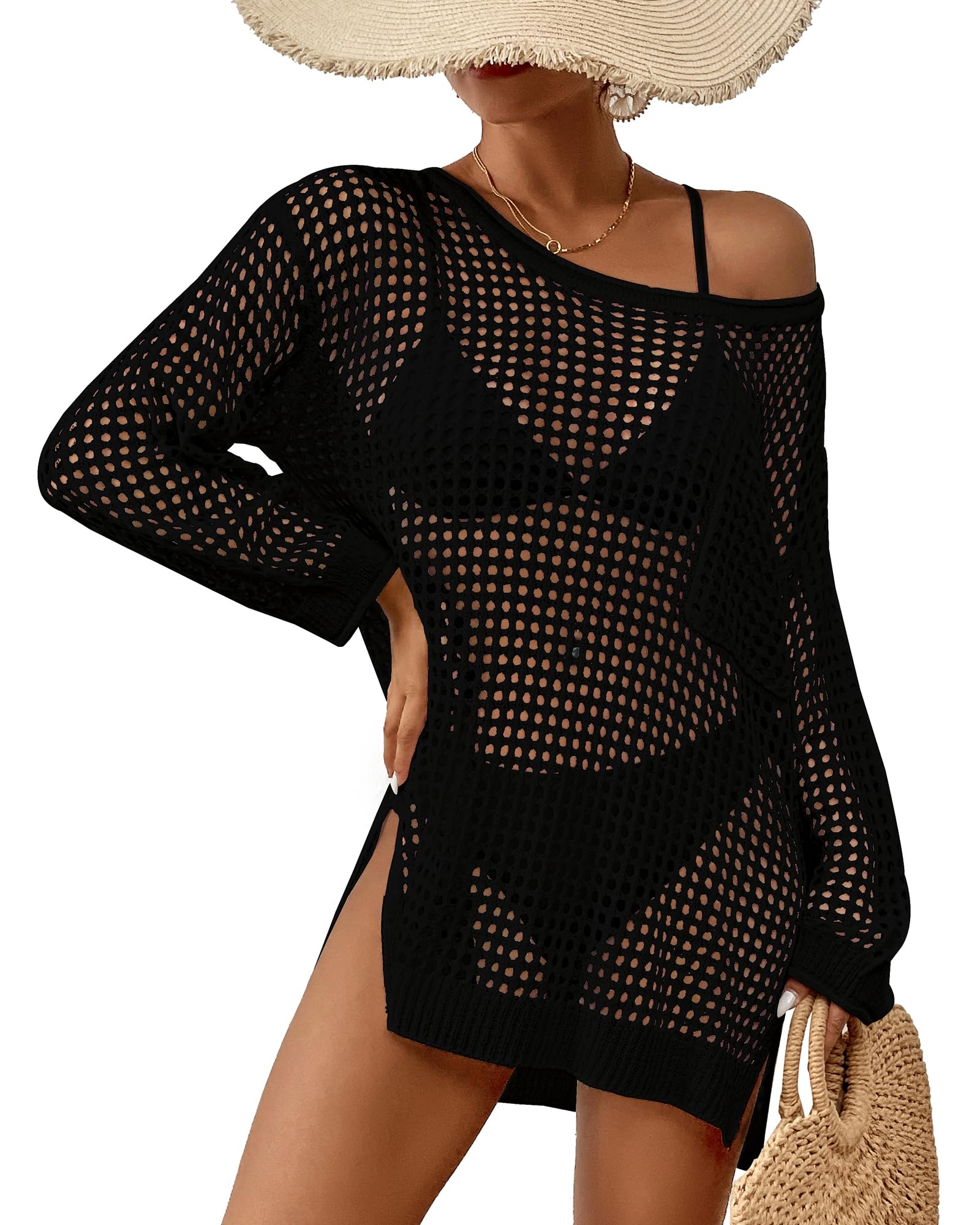 Bsubseach Crochet Cover Up for Swimwear Women Pool Swimsuit Coverup Long Sleeve Beach Knit Tops: Black