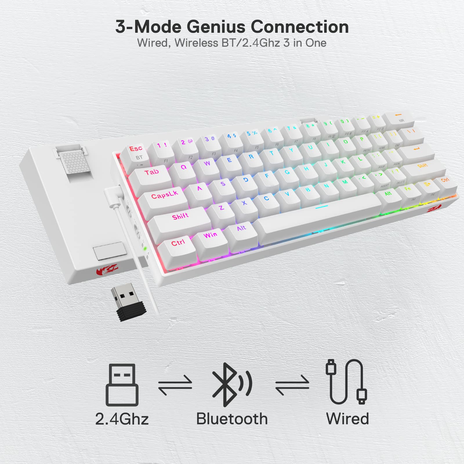 Redragon K530 Pro Draconic 60% Wireless RGB Mechanical Keyboard, BT/2.4Ghz/Wired 3-Mode 61 Keys Compact Gaming Keyboard w/Hot-Swap Socket, Free-Mod Plate Mounted PCB & Clicky Blue Switch: Blue Switch White
