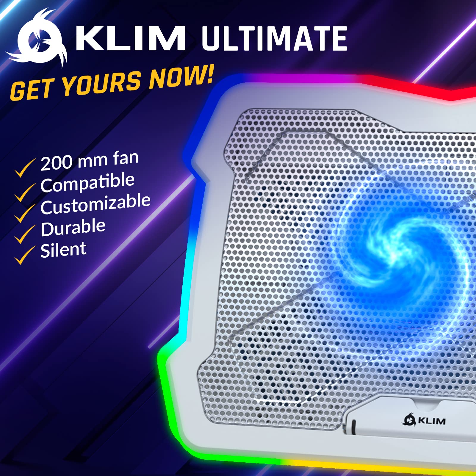 KLIM Ultimate + RGB Laptop Cooling Pad with LED Rim + New + Gaming Laptop Cooler + USB Powered Fan + Very Stable and Silent Laptop Stand + Compatible up to 17" + PC Mac PS5 PS4 Xbox One -: White