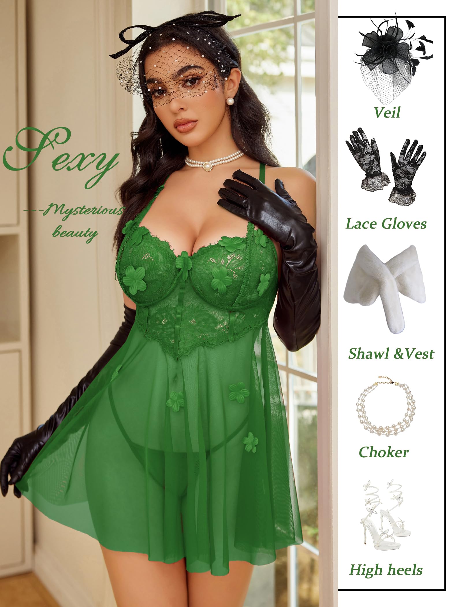 Avidlove Lace Lingerie for Woman Mesh Babydoll Lingeries Sexy Baby Doll Sleepwear Lace Chemise Boudoir Outfits S-XXL: Green Small
