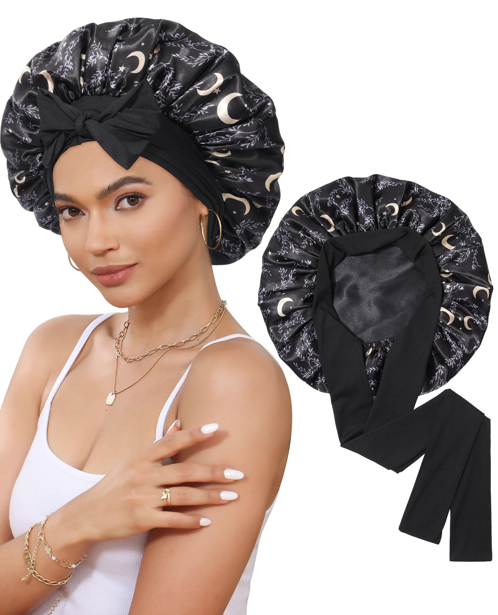 Satin Bonnet Silk Bonnet for Sleeping Silk Sleep Cap Double Layer Hair Bonnet with Elastic Tie Band for Curly Hair Night Cap (Black stars and moon+Black): One Size Black stars and moon+Black