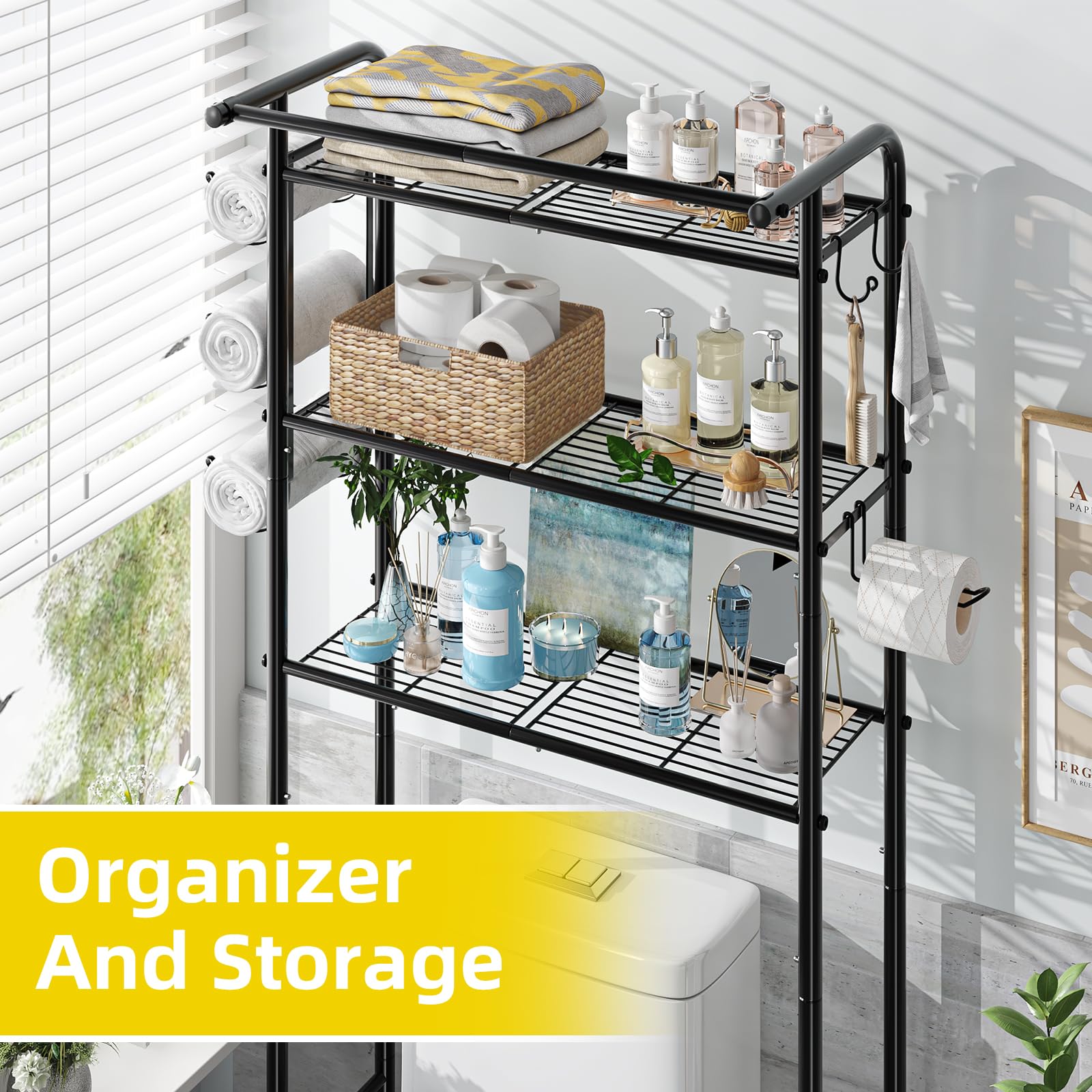 Simple Trending 3 Tier Over The Toilet Rack, Shelf Bathroom, Bathroom Stand Organizer Space Saver,: Black