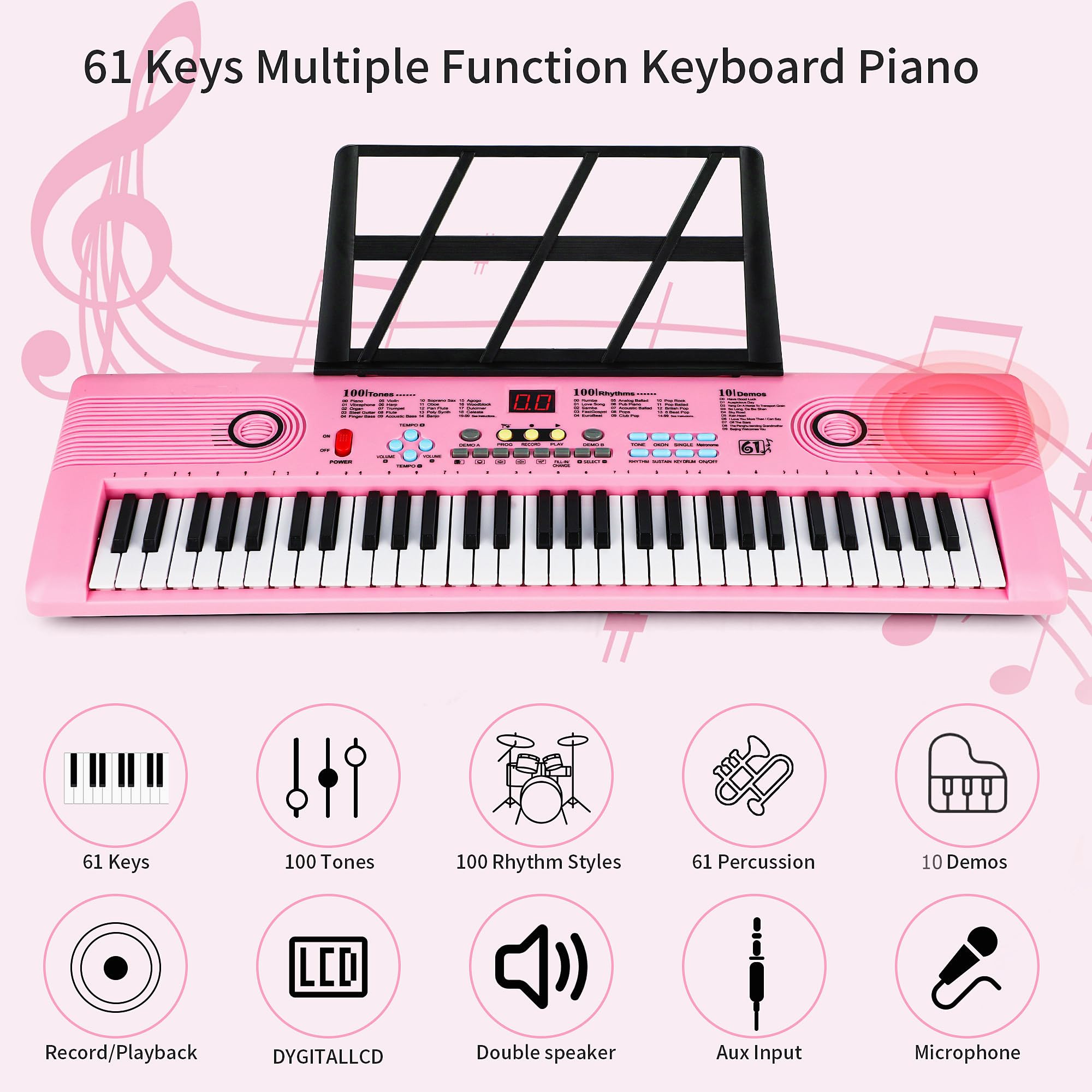 Keyboard Piano 61 Key Electric Digital Piano Music keyboard w/Microphone Portable Piano For Kids Beginner Birthday Christmas Gifts Pink: pink 61 key piano