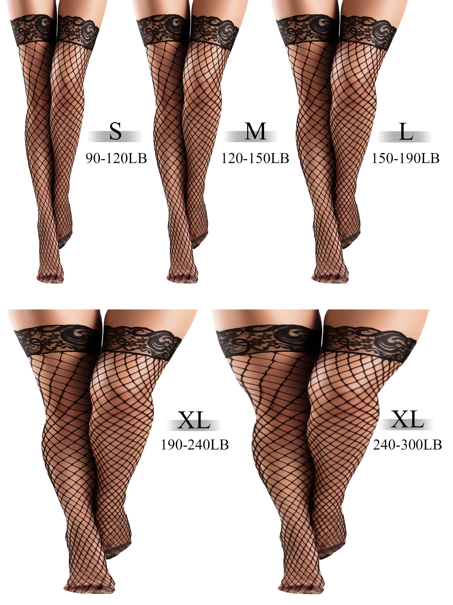 Bencailor 4 Pairs Fishnet Thigh High Stocking for Women Silicone Lace Top Sheer Over Knee Silky Stockings: Red, White, Black, Coffee Medium