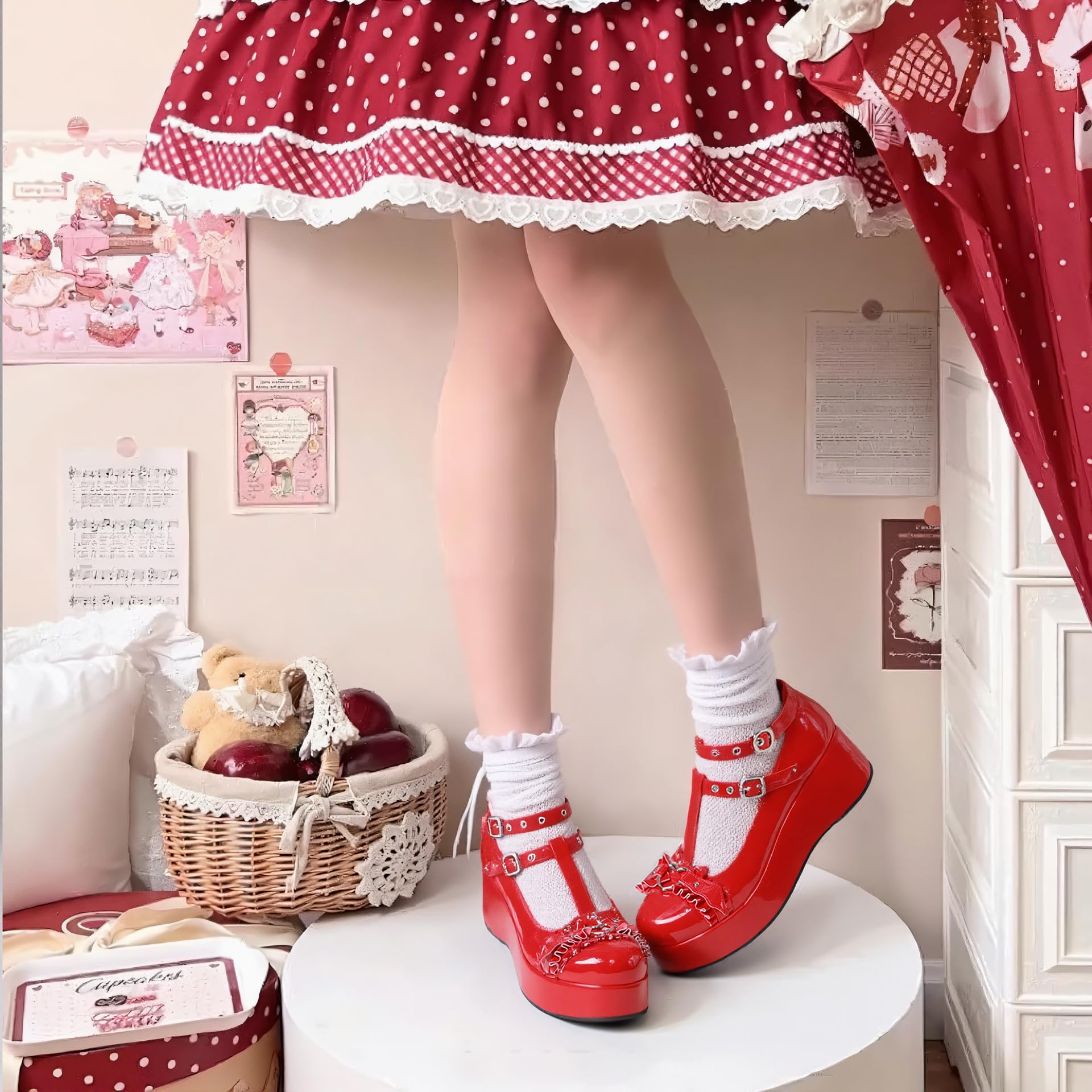 CELNEPHO Mary Jane Shoes Women Cute Ankle Strap Platform Wedge High Heel Pumps Gothic Party Dress Shoes for Women: 9.5 Red Patent