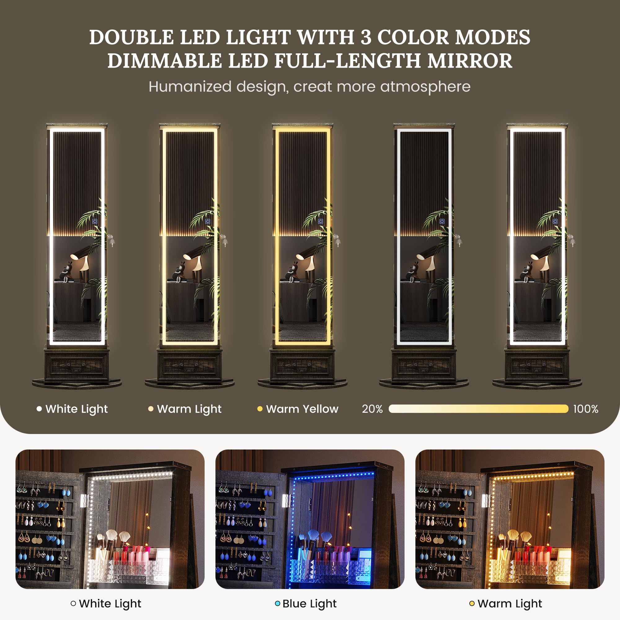 LVSOMT LED Mirror Jewelry Cabinet Standing, 360°Swivel Jewelry Armoire with Full Length Mirror, Mirror with Jewelry Storage and Large Wooden Drawer for Christmas Gifts (): Rustic Grey