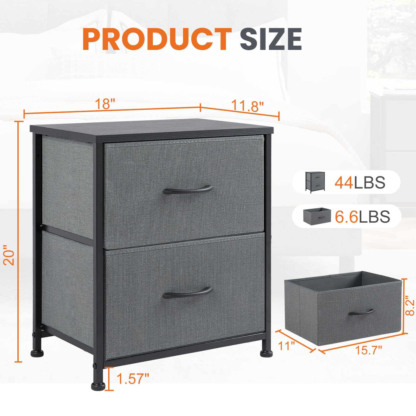 Sweetcrispy Nightstand Set of 2 with 2 Storage Drawers, 20" Height Small Bed Side Furniture End Table, Wooden Top Fabric Cabinet Kids Mini Dresser for Bedroom, Closet, Entryway, College Dorm thumbnail 3