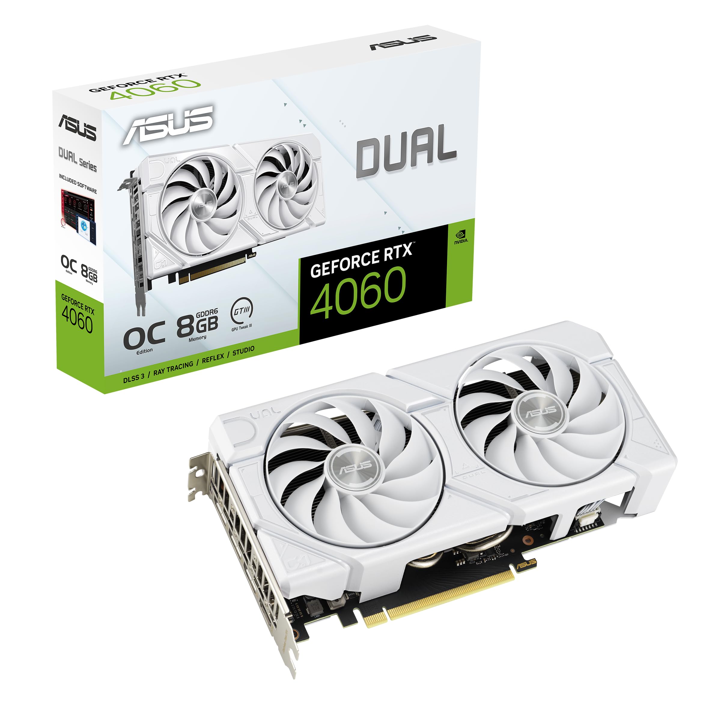 ASUS Dual NVIDIA GeForce RTX 3060 V2 OC Edition 12GB GDDR6 Gaming Graphics Card (PCIe 4.0, 12GB GDDR6 Memory, HDMI 2.1, DisplayPort 1.4a, 2-Slot, Axial-tech Fan Design, 0dB Technology): Dual Fans RTX4060|OC|White|EVO
