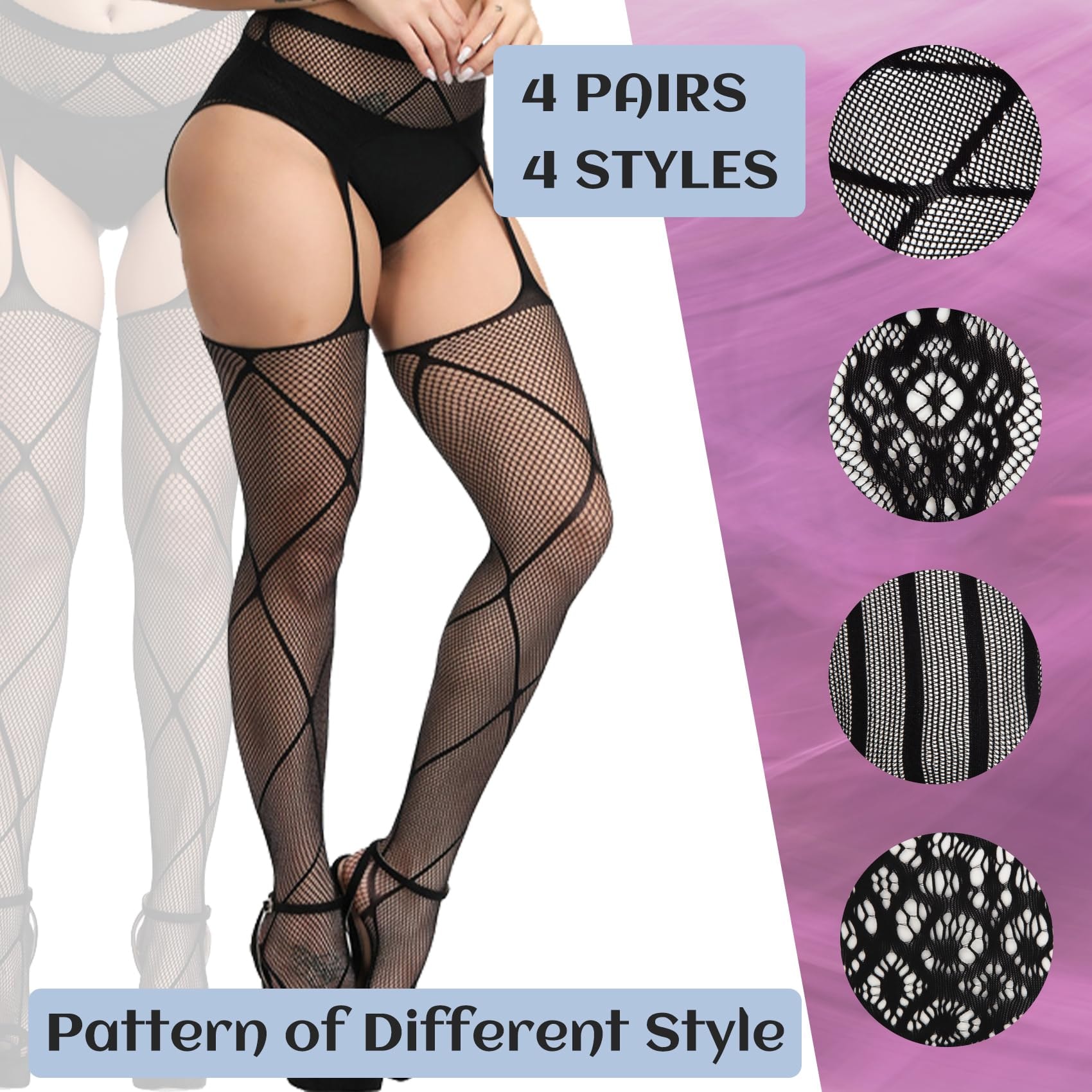 iCamter Plus Size Fishnet Stockings, Black Fishnet Tights Thigh High Stockings Suspender Pantyhose - Image 3