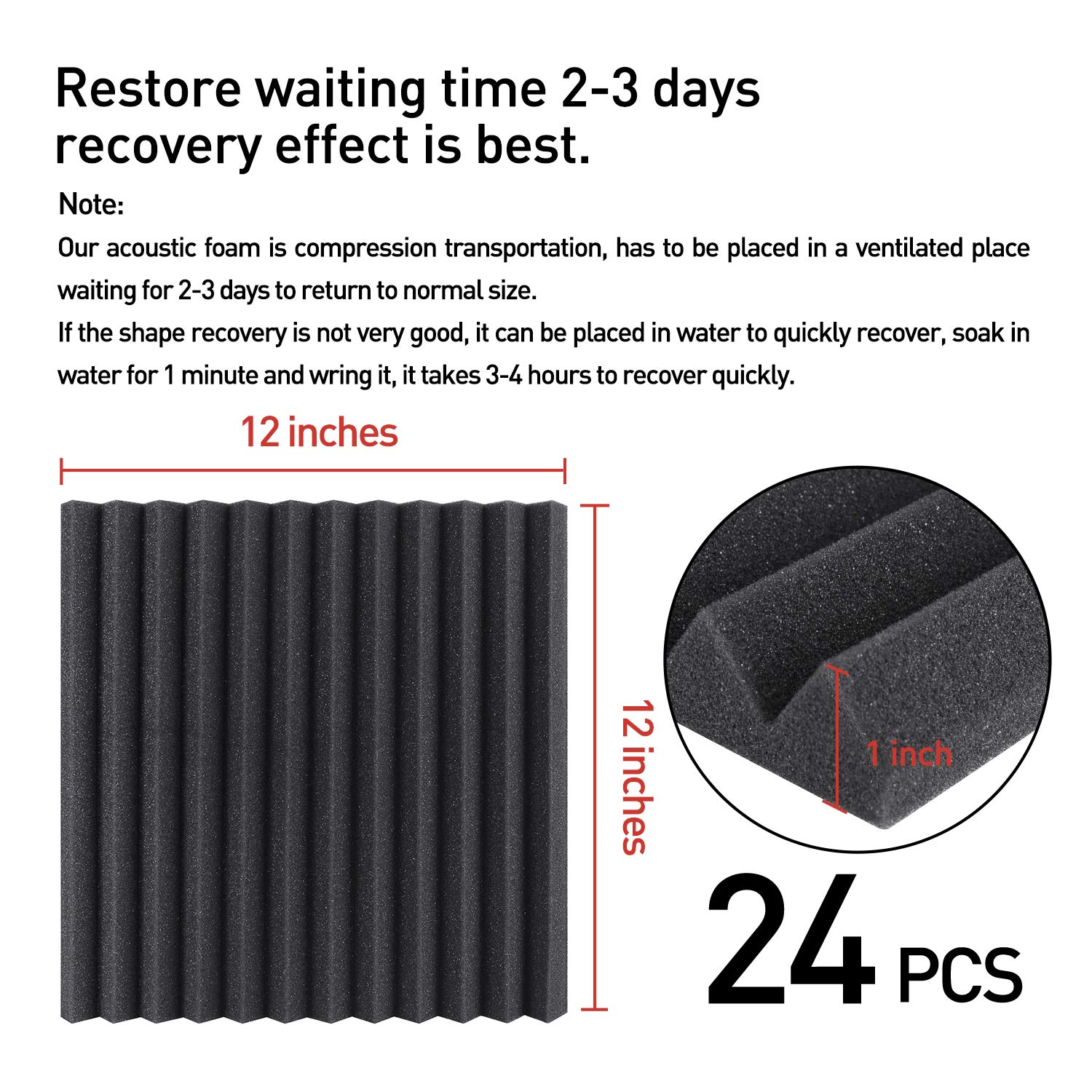 Focusound  Acoustic Foam Panels 1" x 12" x 12" Sound Proof Foam Panles Soundproofing Noise Cancelling Wedge Panels for Home Office Recoding Studio with 300PCS Double-Side Adhesive: 24 Pack