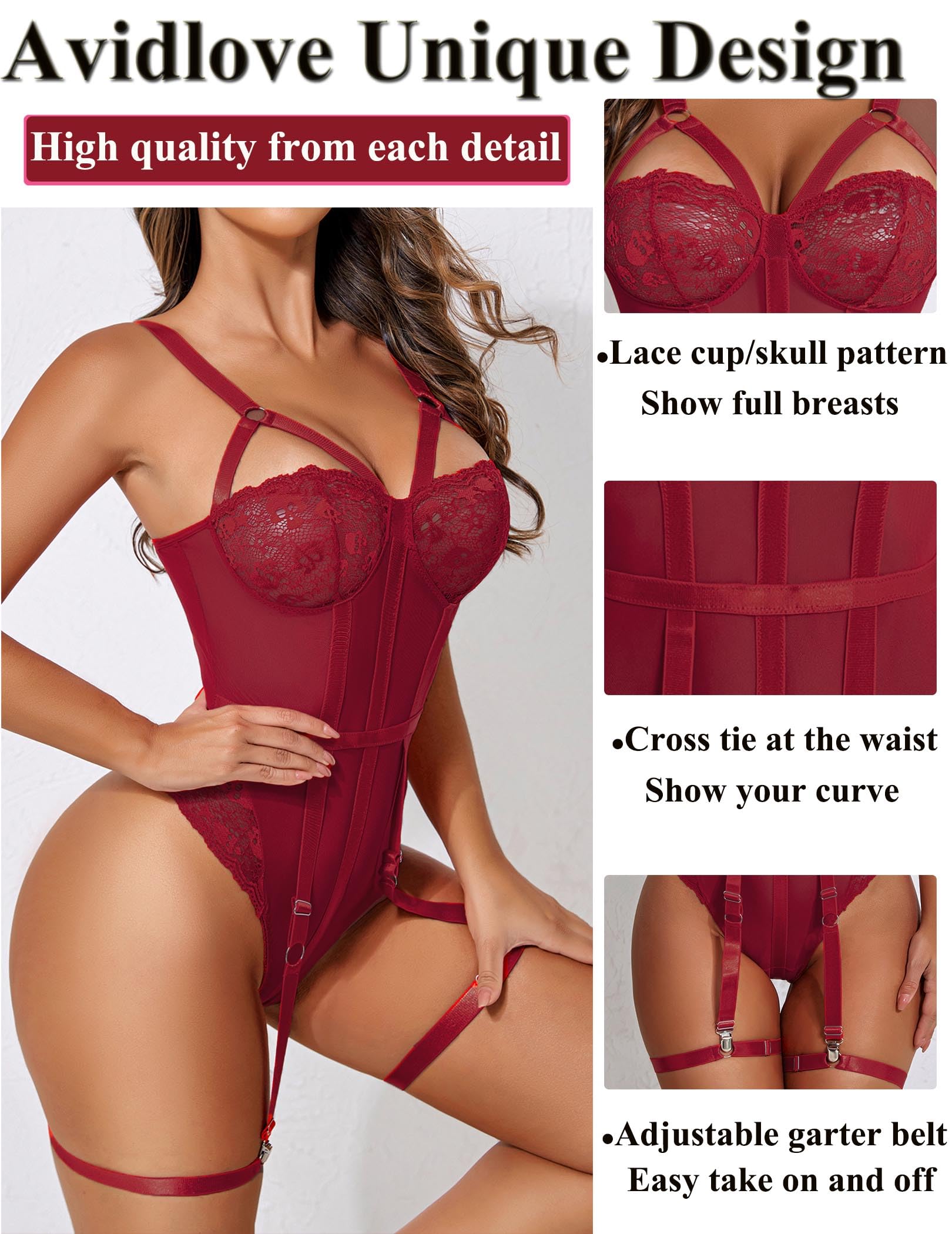 Avidlove Lingerie Sets for Women Sexy Lace Skull Corset with Garter Belt One Piece Teddy Bodysuit: Large Burgundy