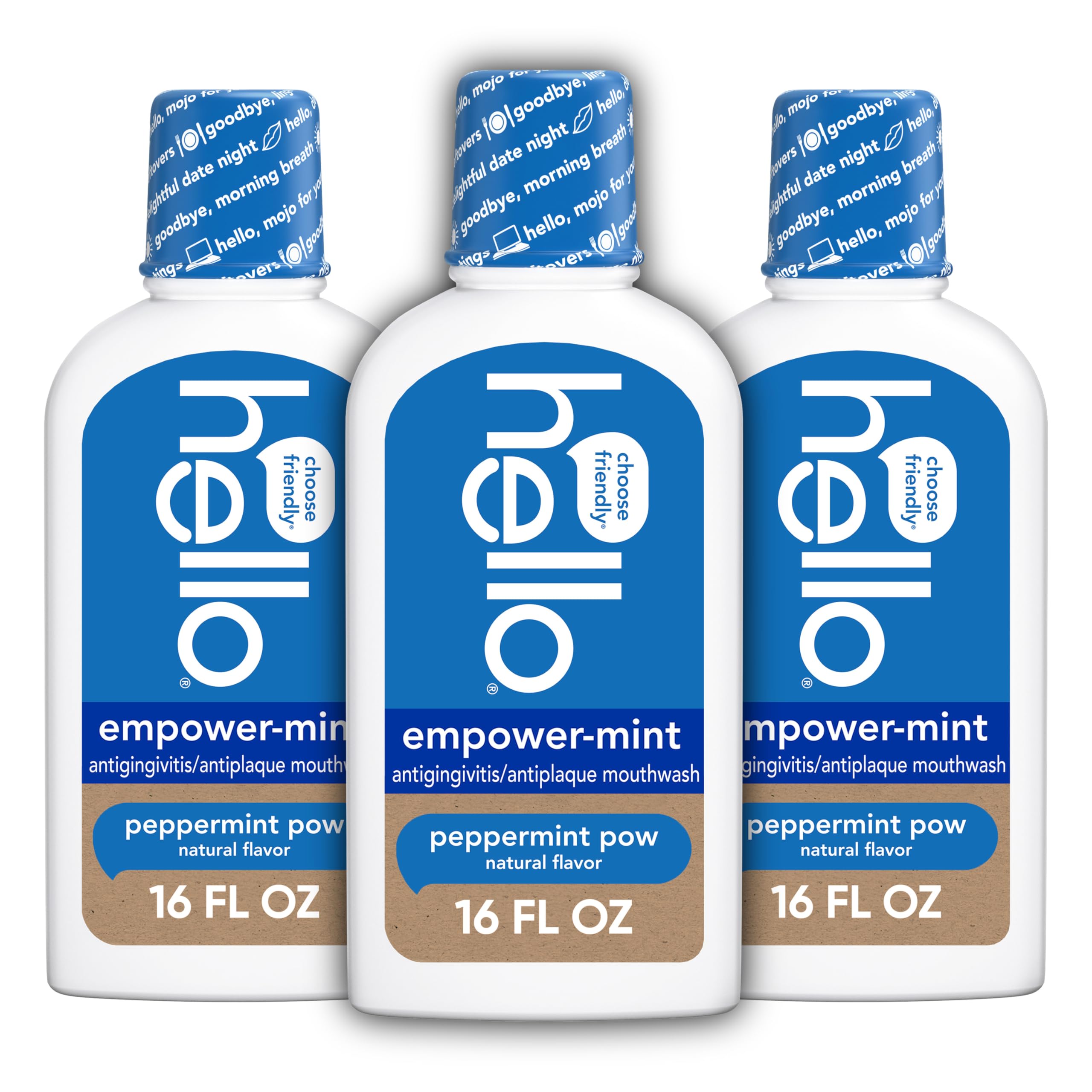 Hello Peace Out Plaque, Antigingivitis Alcohol Free Mouthwash, Natural Mint with Aloe Vera and Coconut Oil, Fluoride Free, Vegan, SLS Free and Gluten Free, 16 Ounce (Pack of 3): Peppermint Pow 16 Fl Oz (Pack of 3)