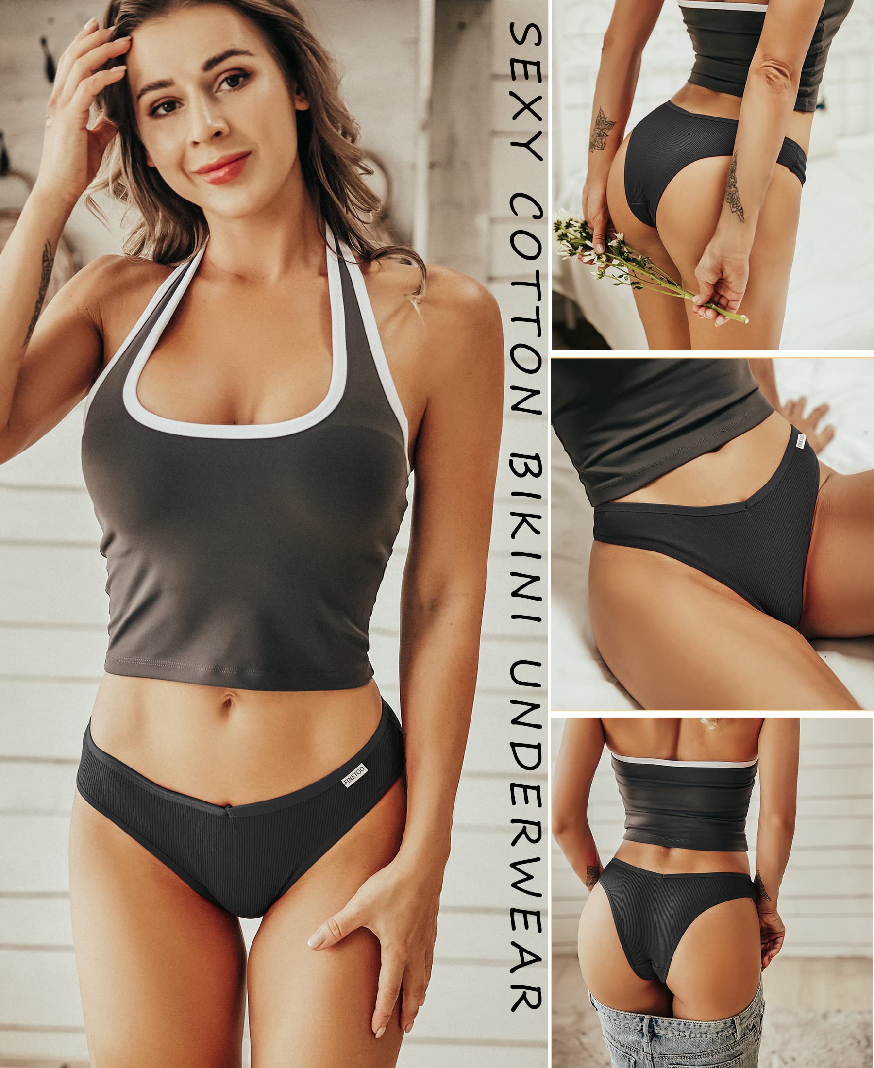 FINETOO Womens Cotton Underwear Sexy Stretch Bikini Panties Low Rise Hipster Ladies Soft V-Waist Cheeky: Medium Black &amp; White &amp; Floral Gray &amp; Mocha Gray &amp; Brick Yellow &amp; Skin &amp; Khaki &amp; Light Khaki &amp; Grape Purple