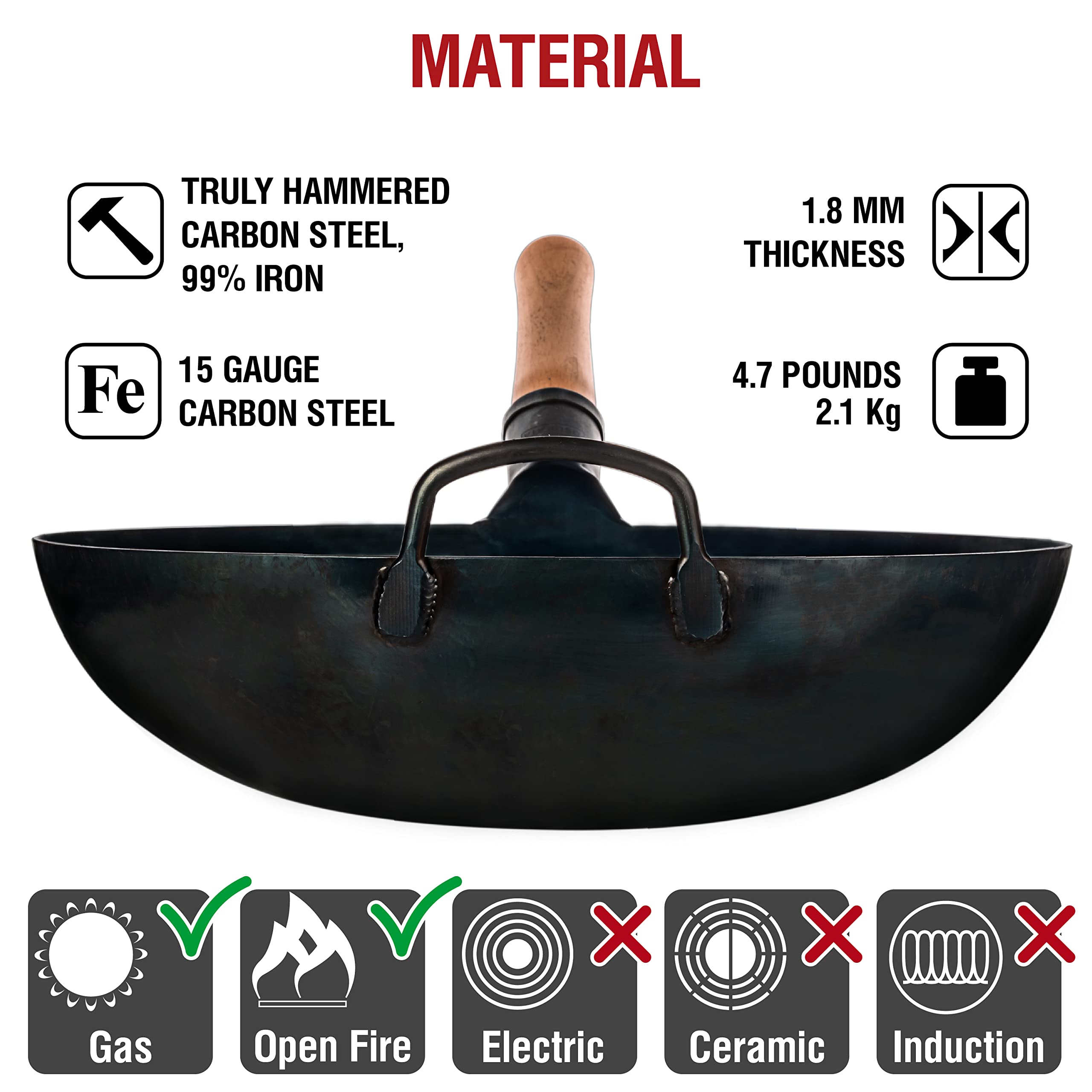 YOSUKATA 14” Round Bottom Carbon Steel Wok Pan – Blue Pre-Seasoned Pow Wok for Stir Fry, BBQ, Grill & Camping – Traditional Japanese & Chinese Cookware – Compatible with Gas Stoves & Open Fire Only: 14" Blue