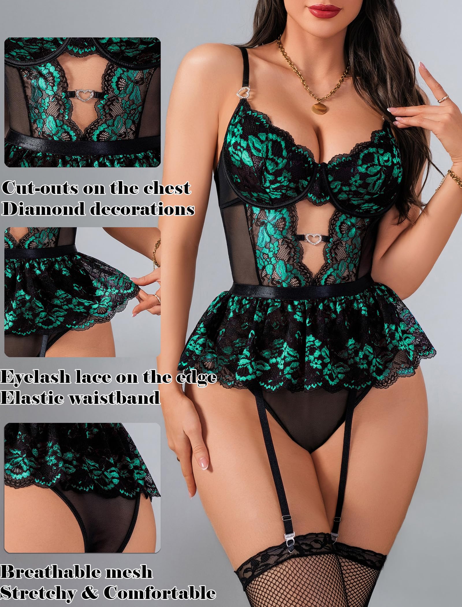 Women Lingerie Set Naughty Lace Bodysuit High Waisted Underwire Lingerie Babydoll With Garter Belt and Stockings: Large Green Flower