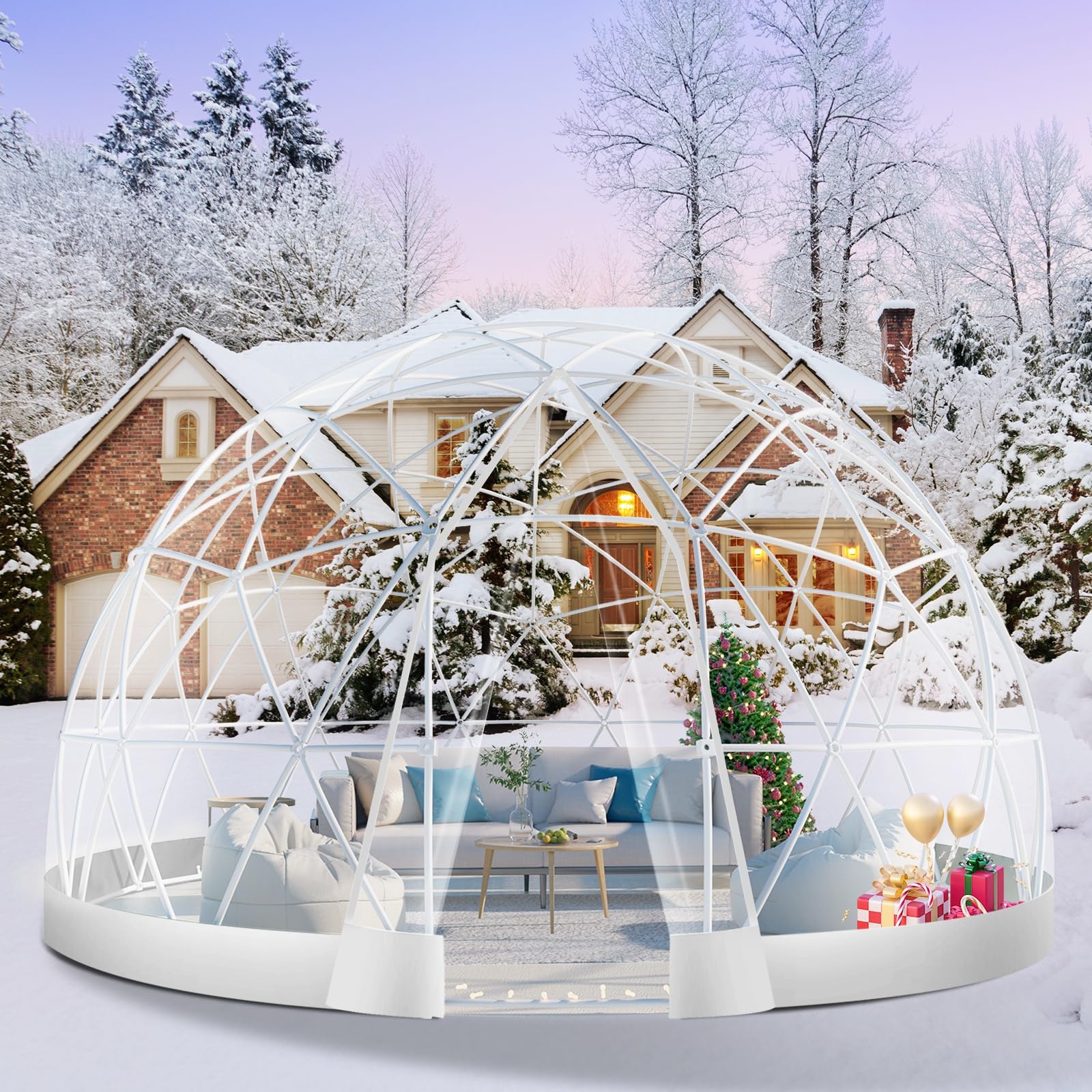 12FT Garden Dome lgloo, Geodesic Dome Greenhouse with PVC Clear Cover, Waterproof Garden Bubble Dome Tent House with 2 x 10M Light Strings for Outdoor, Patio, Backyard, Party (White, 12FT/3.6M)