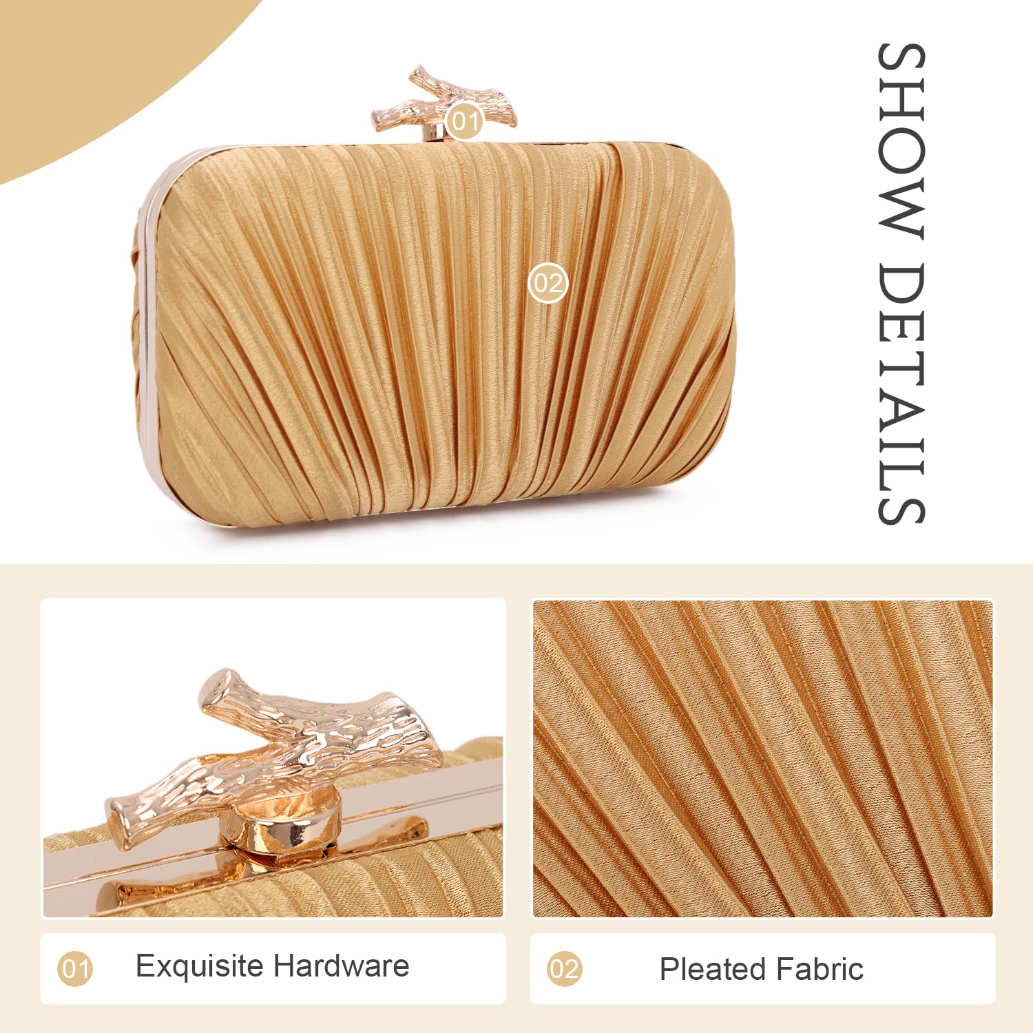 Freie Liebe Clutch Purses for Women Evening Bag Pleated Clutch Bag with Chain for Wedding Party thumbnail 3