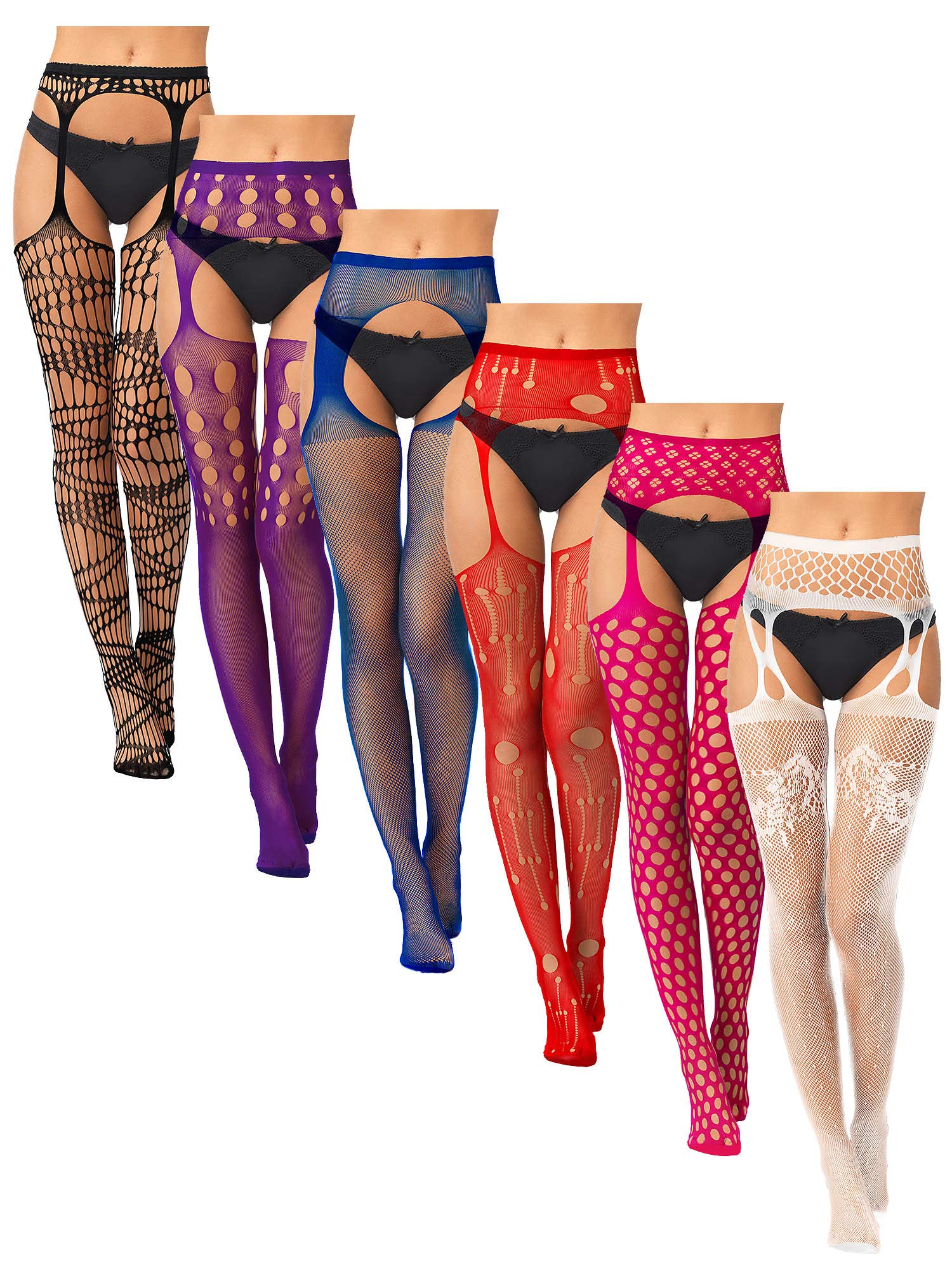 6 Pairs Women Fishnet Thigh High Stockings Garter Belts and Suspender Pantyhose Stockings for Halloween (Classic, Black,Medium): Skylety 6 Pairs Women Suspender Pantyhose Stockings Tights Stretchy High Stockings for Dress up Favors (Black, Purple, Royal Blue, Red, Rosy, White, Large - X-Large)
