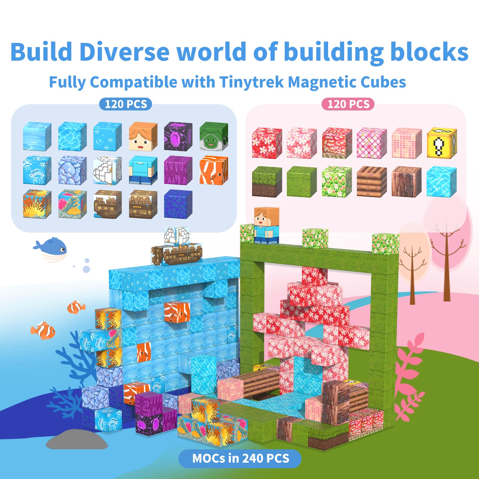 tinytrek Magnetic Blocks-120PCS Ocean Quest Set，Magnetic Building Blocks Kids Toys for Ages 3 4 5 6 7 8 Birthday Gifts，STEM Montessori Sensory Toys for 3+ Years Old Boys & Girls