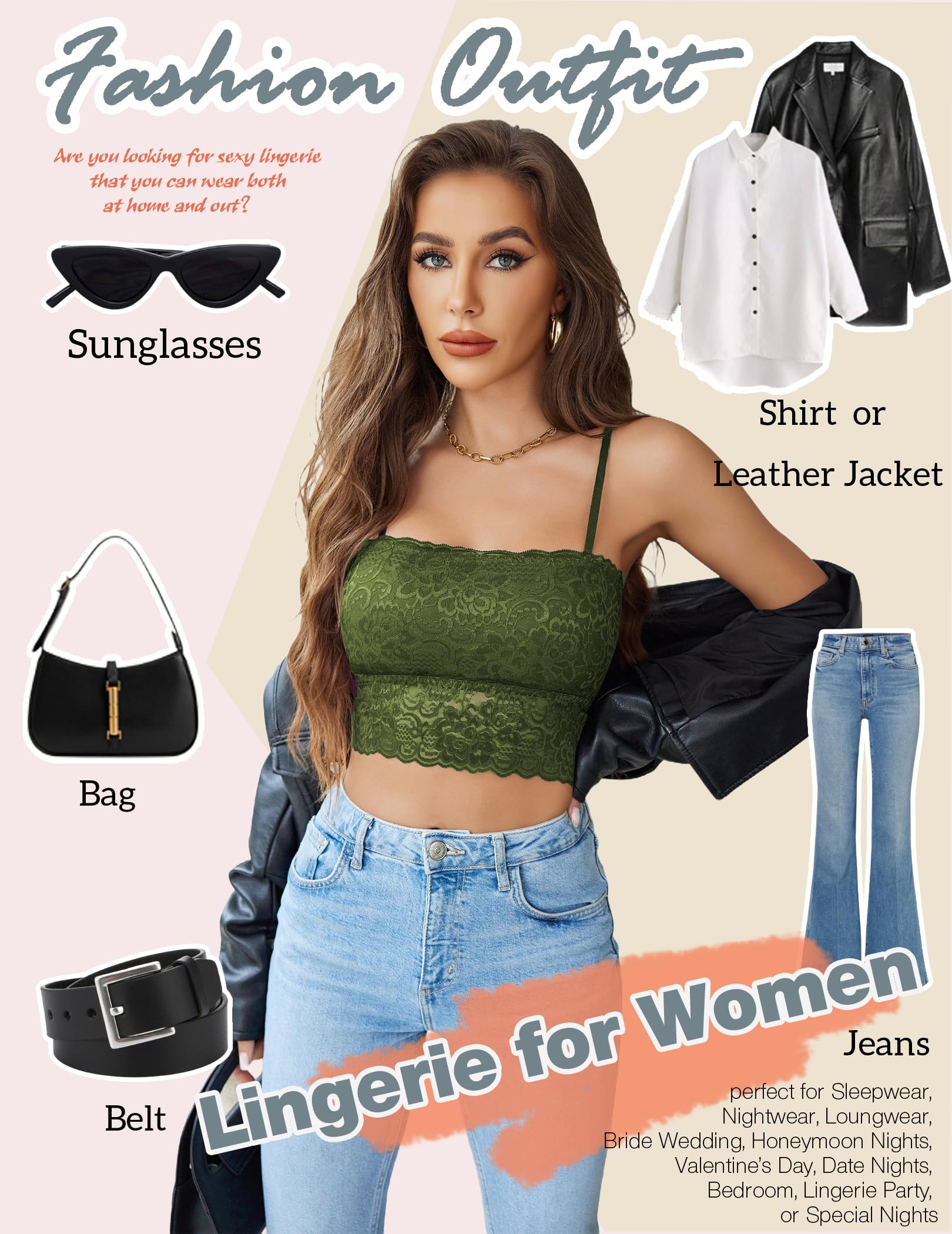 Avidlove Bralettes for Women Lace Spaghetti Strap Tank Top Tube Slim Basic Camisole: Small Army Green