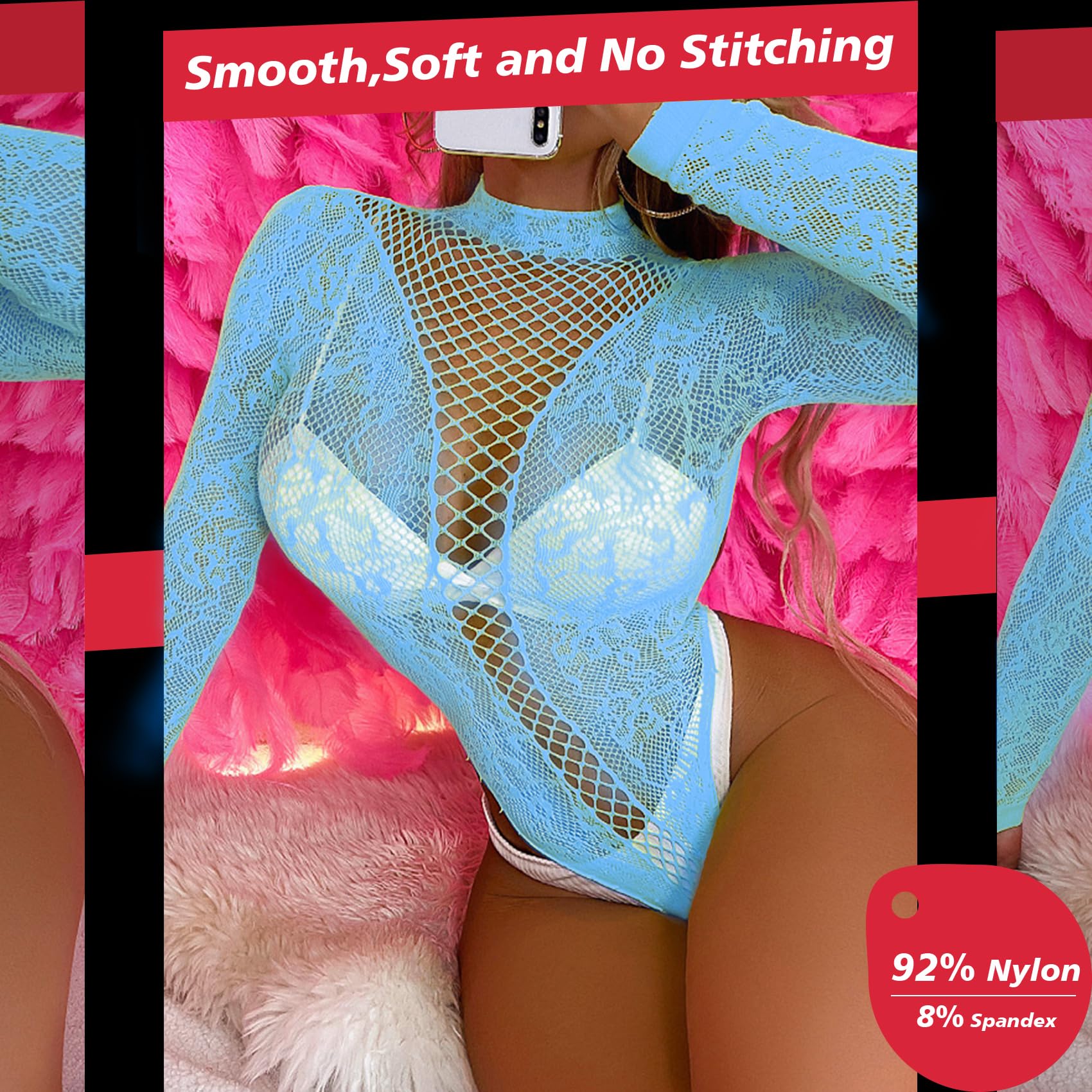 Famstar Sexy Lingerie for Women Naughty Fishnet Lingerie Set Bodysuit Outfits Teddy Sheer Mesh Erotic: One Size Blue