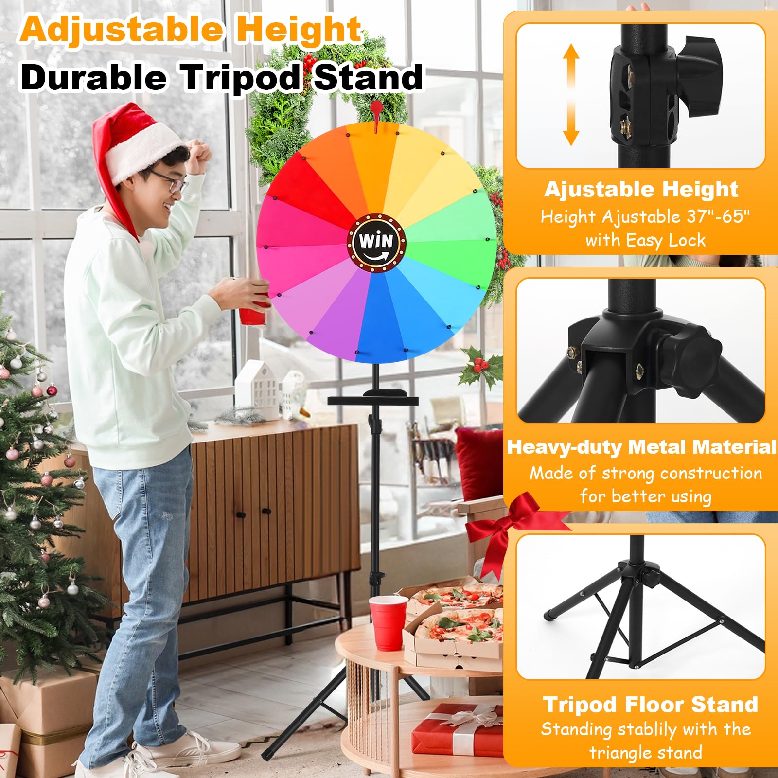 GADFISH 24-inch Spinning Prize Wheel, Ajustable 37"-65" Height Spin Doodle Game Spinner, Storable Prize Wheel Spinner with Stand, Wheel of Fortune Game, 14 Colors