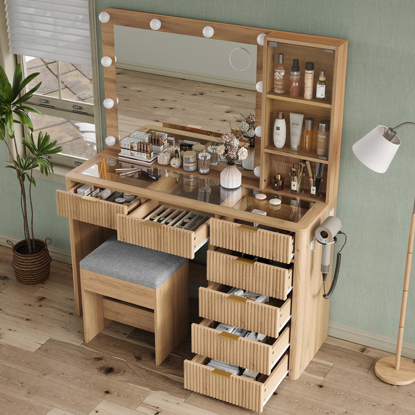 Yanosaku 7 Drawers Fluted Vanity Desk with Charging Station, 47'' W Makeup Vanity with LED Lights and HD Mirror, 3 Lighting Modes Adjustable, Glass Top, Vanity Set for Bedroom, Natural: 7 Drawers Natural