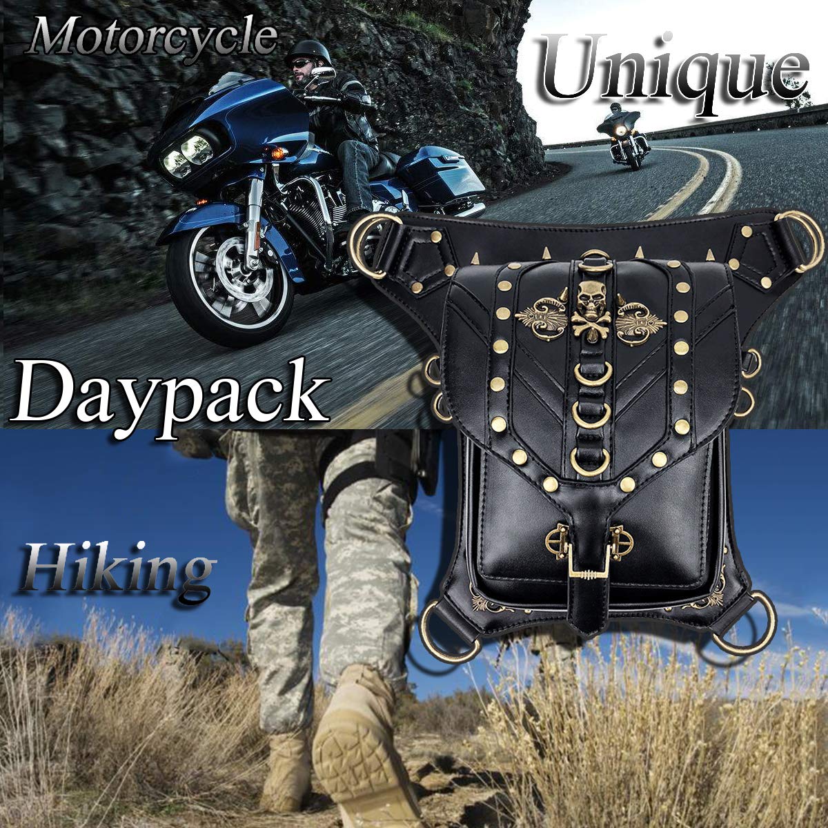 Steampunk Waist Bag Fanny Pack Fashion Gothic Leather Shoulder Crossbody Messenger Bags Thigh Leg Hip Holster Purse Travel Pouch Hiking Sport Chain Bags for Women Men