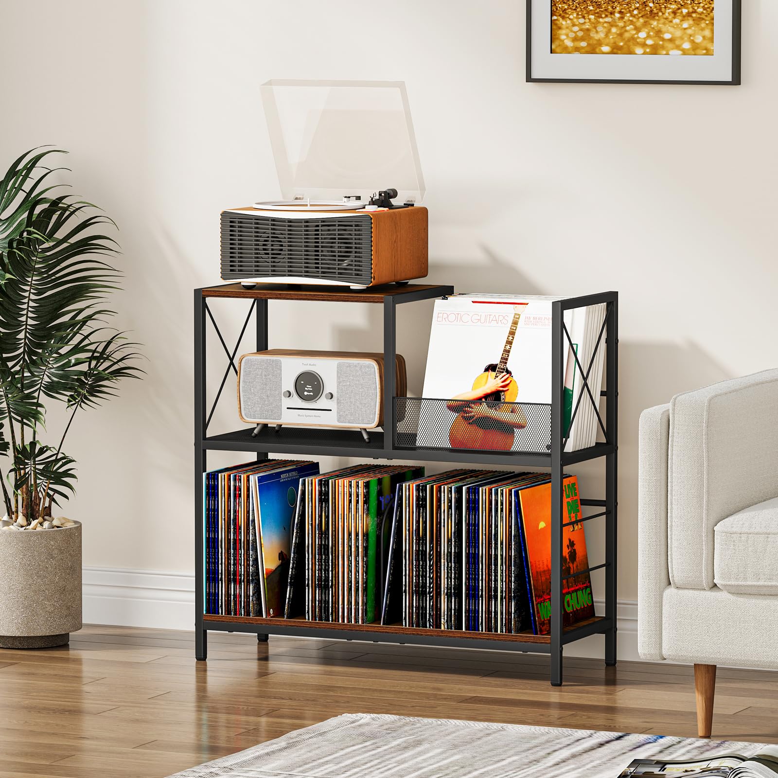 Snughome Large Vinyl Record Player Stand, Holds Up to 300 Albums, Wooden Record Display Table with 3 Adjustable Divider for Turntable Stand, Large Record Player Table Vinyl Album Storage