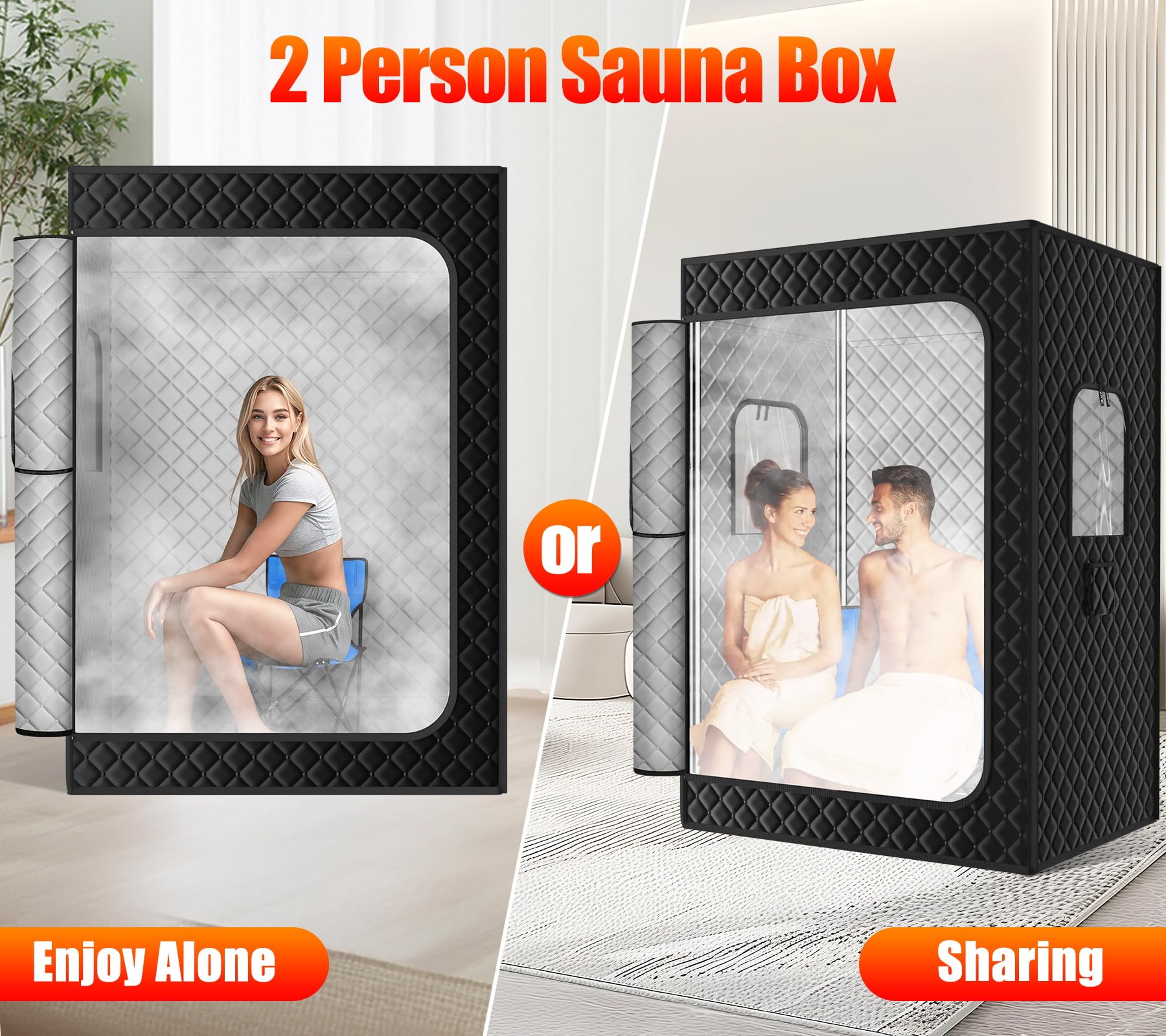 X-Vcak 2 Person Sauna, Extra Large Sauna Box, Portable Steam Sauna Tent with 2 Steamers, 2 Folding Chair, 71”x 49”x 36”, Black thumbnail 5