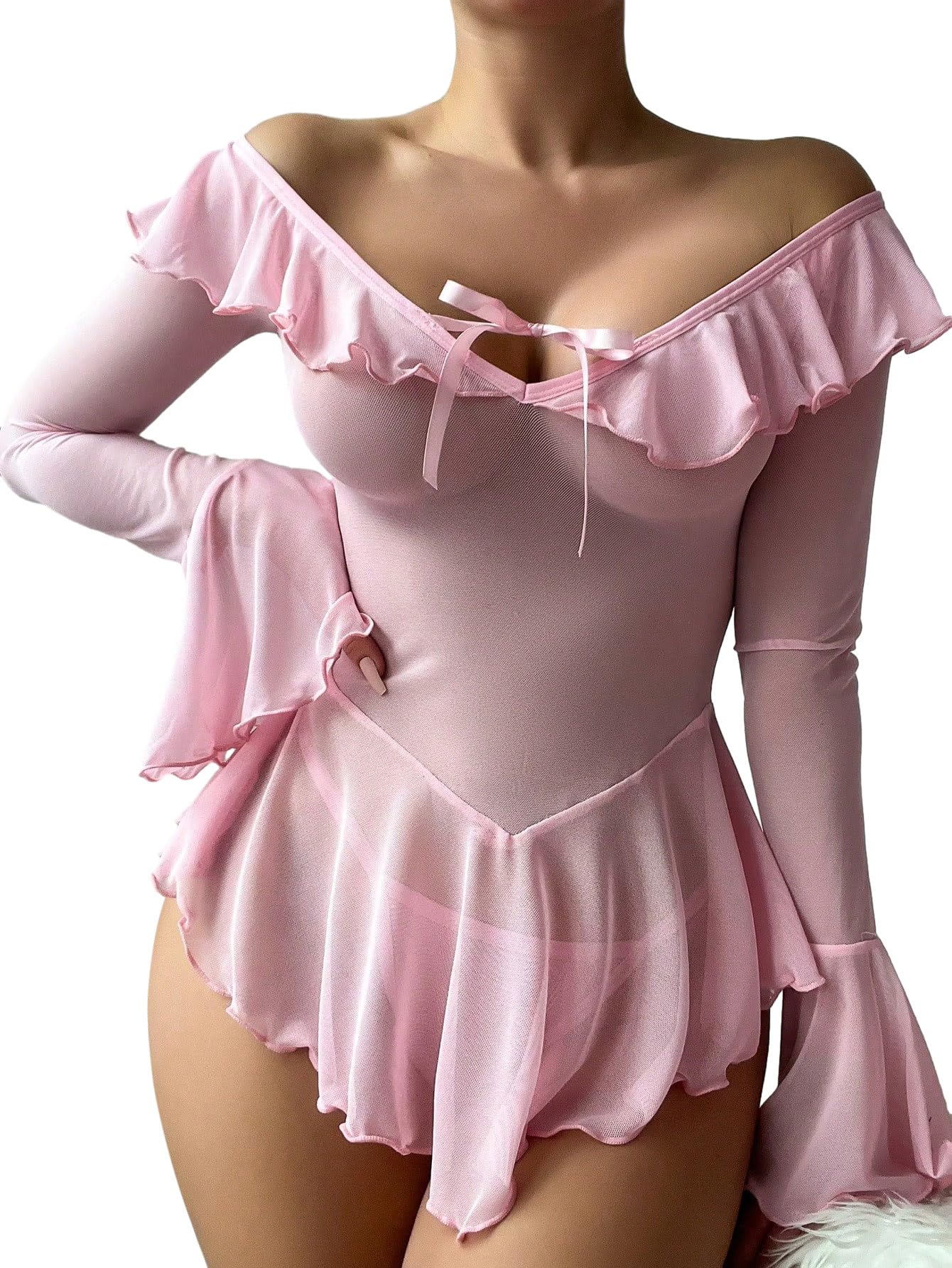 Foxiny Sexy Rave Ruffle Bell Sleeve Mesh Sheer Babydoll Lingerie Set Dress with Thong 2 Piece: Small Pink