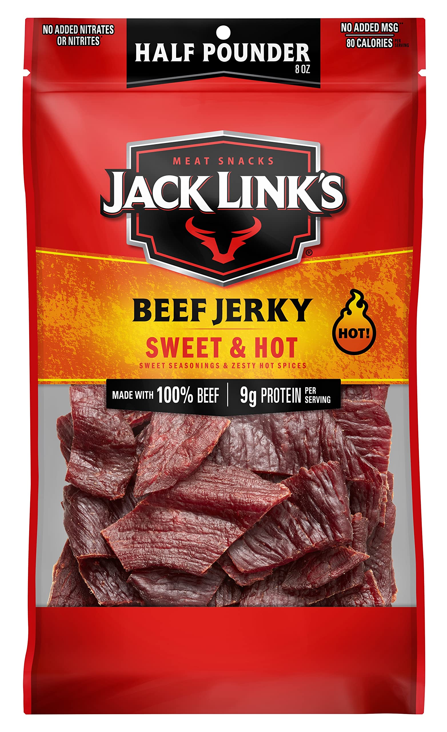Jack Link's Beef Jerky, Teriyaki, Half Pounder Large Jerky Bag - Flavorful Meat Snack, Ready to Eat Protein Snacks with 11g of Protein per Serving, Made with 100% Beef: Sweet &amp; Hot 8 Ounce (Pack of 1)