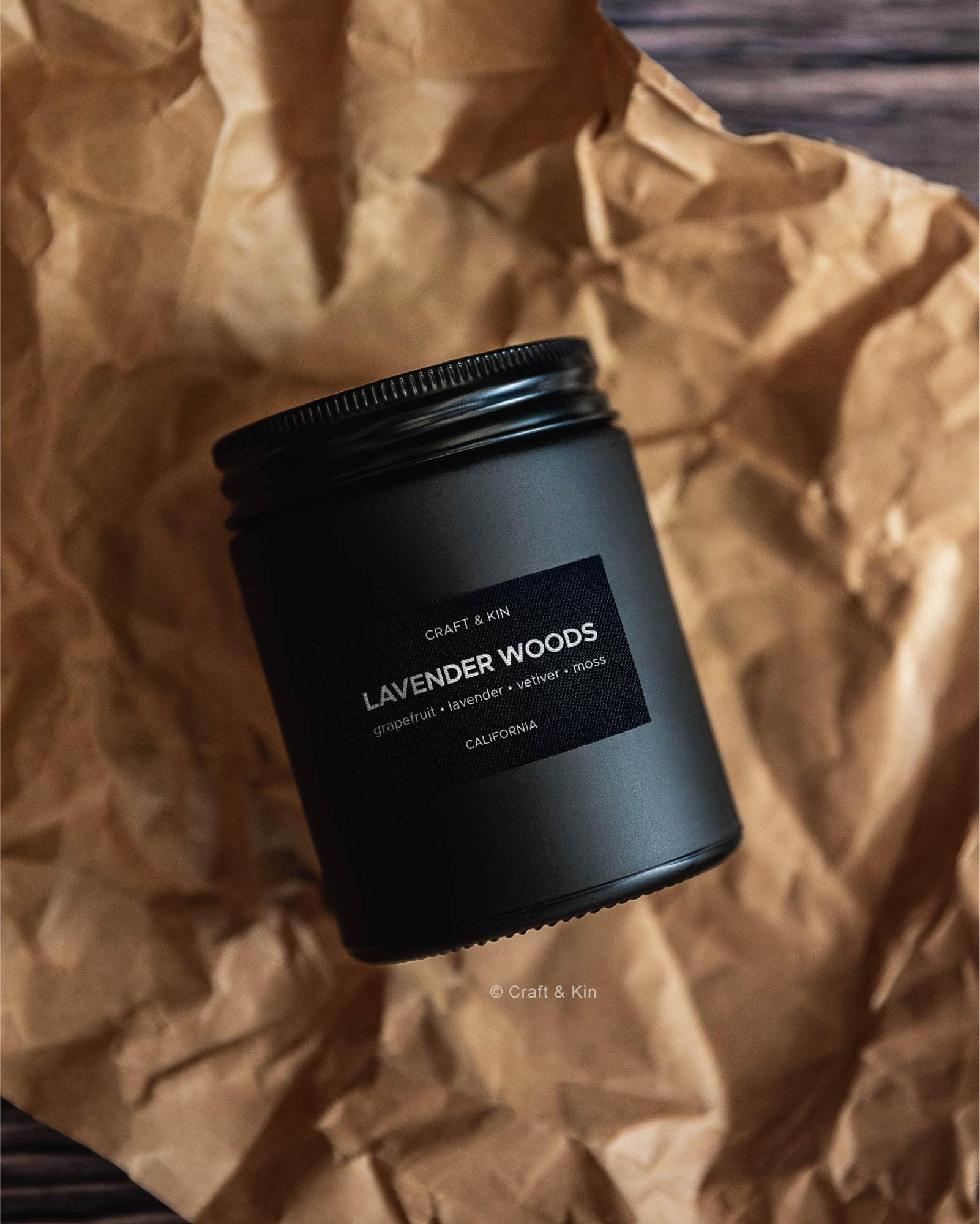 Craft & Kin Premium Lavender Woods Candle | Black Spring Scented Candles for Men | Long Lasting with 45 Hour Burn Time, 7.6oz | Made with Soy | Aromatherapy at Home | Gifts for Men