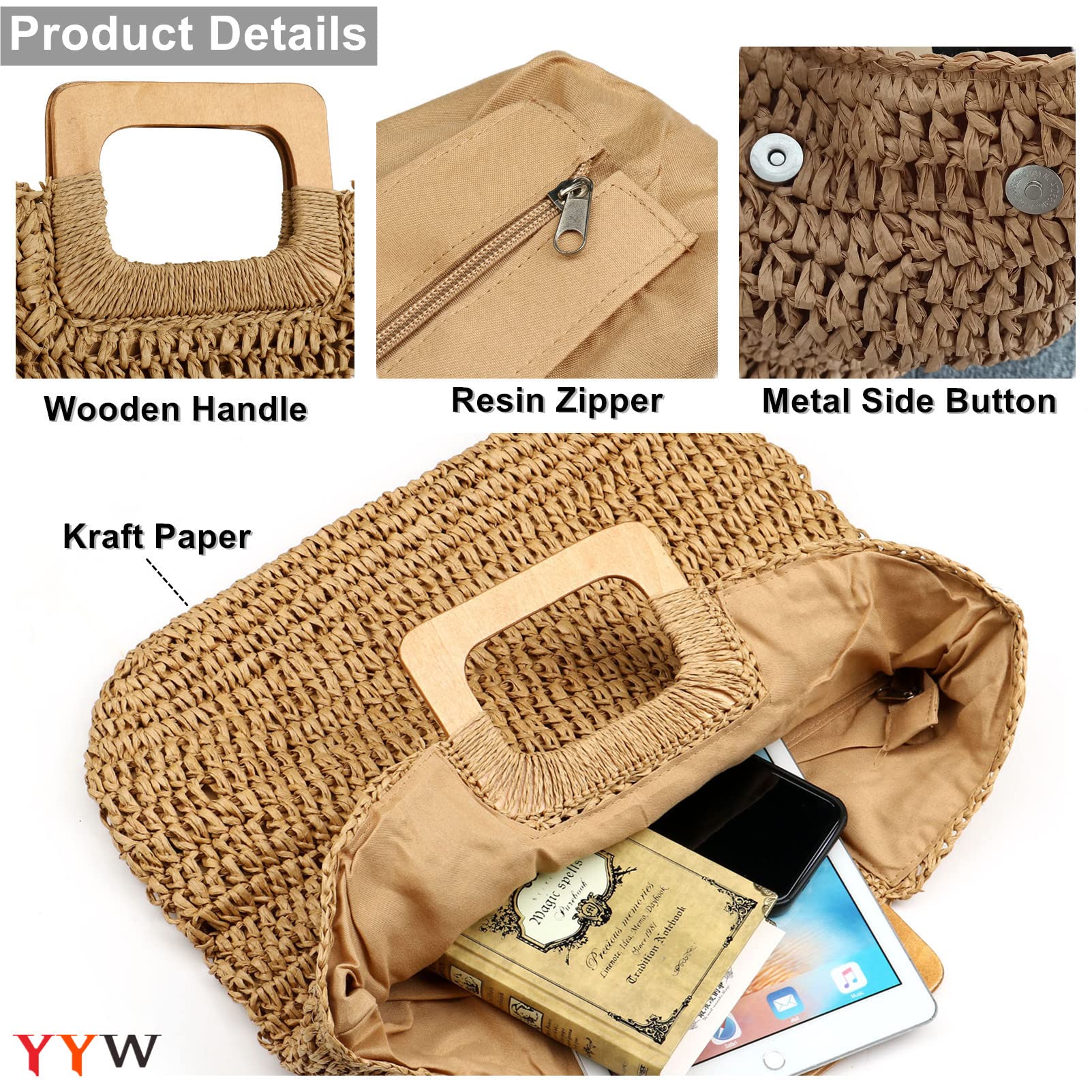 YYW Straw Tote Bag Women Hand Woven Large Casual Handbags Hobo Straw Beach Bag with Lining Pockets for Daily Use Beach Travel thumbnail 8