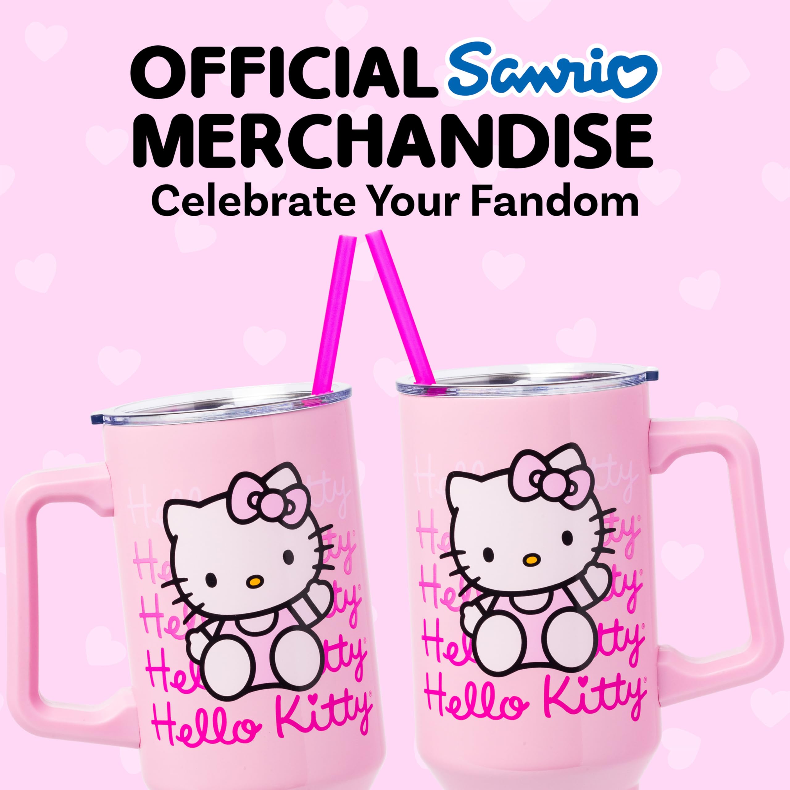 Silver Buffalo Sanrio Hello Kitty Waving Stainless Steel Tumbler with Handle and Straw, Fits in Standard Cup Holder, 40 Ounces