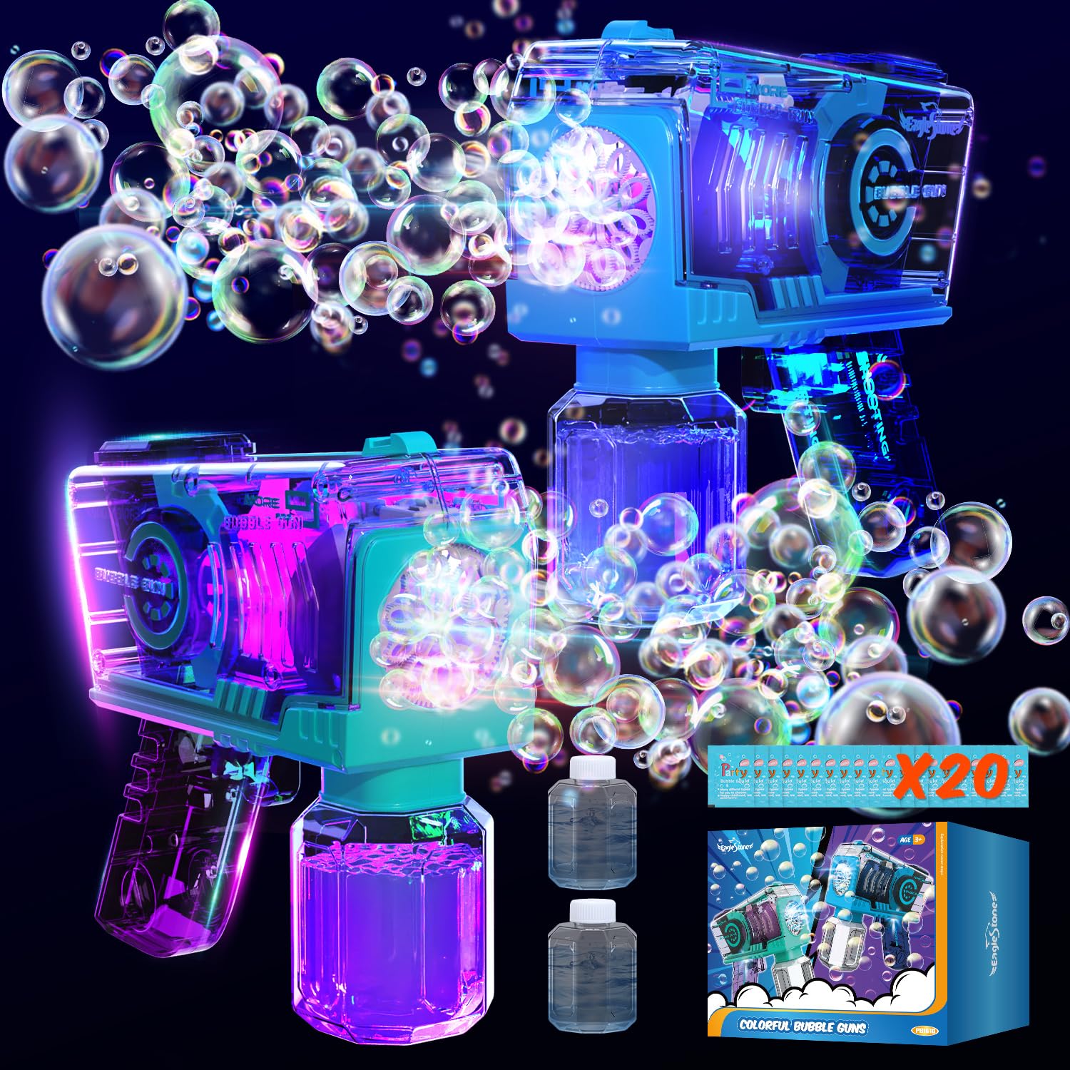 Eaglestone Bubble Gun for Kids 2 Packs, Automatic Bubble Machine, 10-Hole Bubbles Wands Blaster for Toddlers with LED Lights & Solution, Easter, Party Favor, Outdoor Game Toys for Boys & Girls Ages 3+